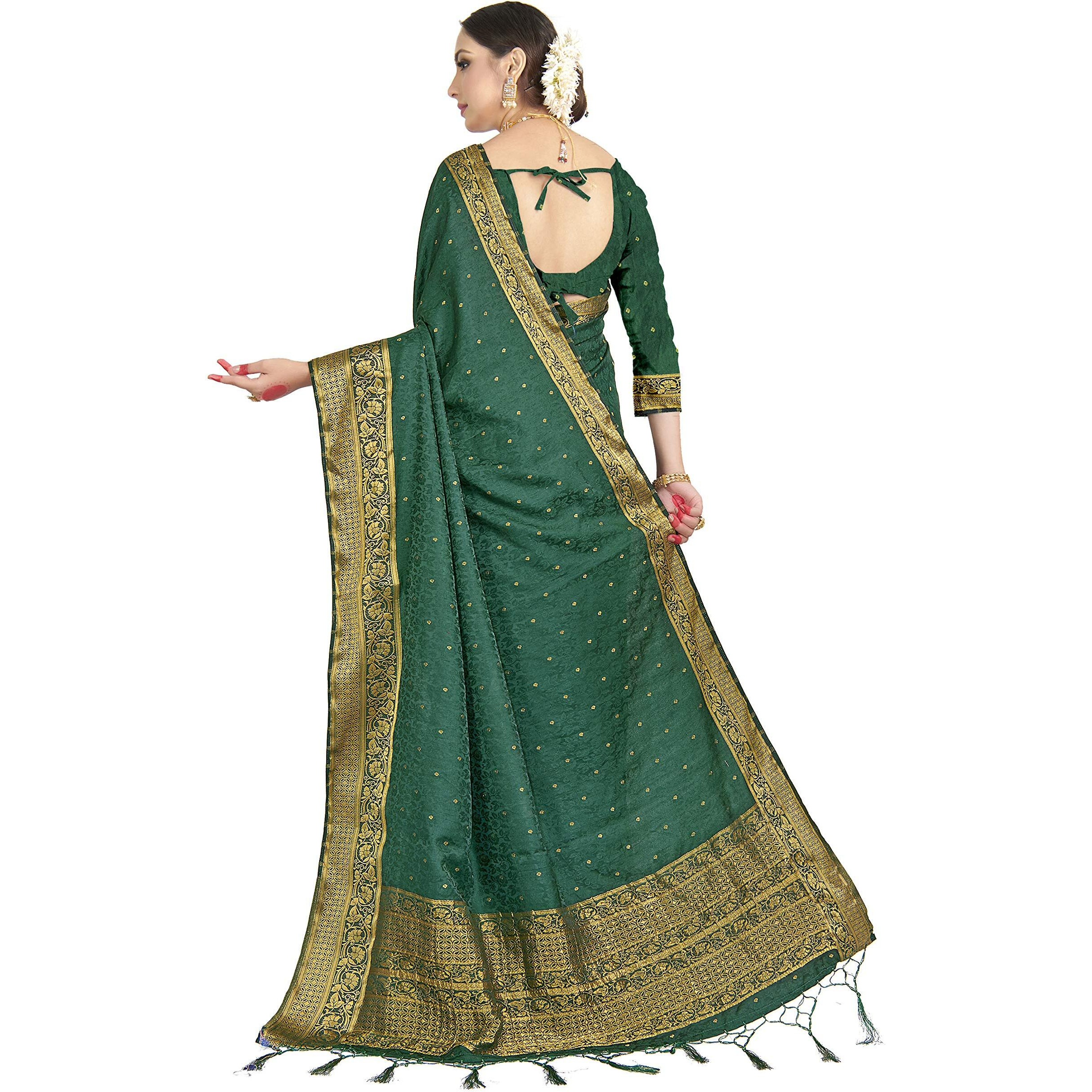 Vardha Womens Banarasi Satin Silk Saree with Unstitched Blouse Piece - Zari Woven Work Sarees for Wedding (173, Dark Bottle Green)