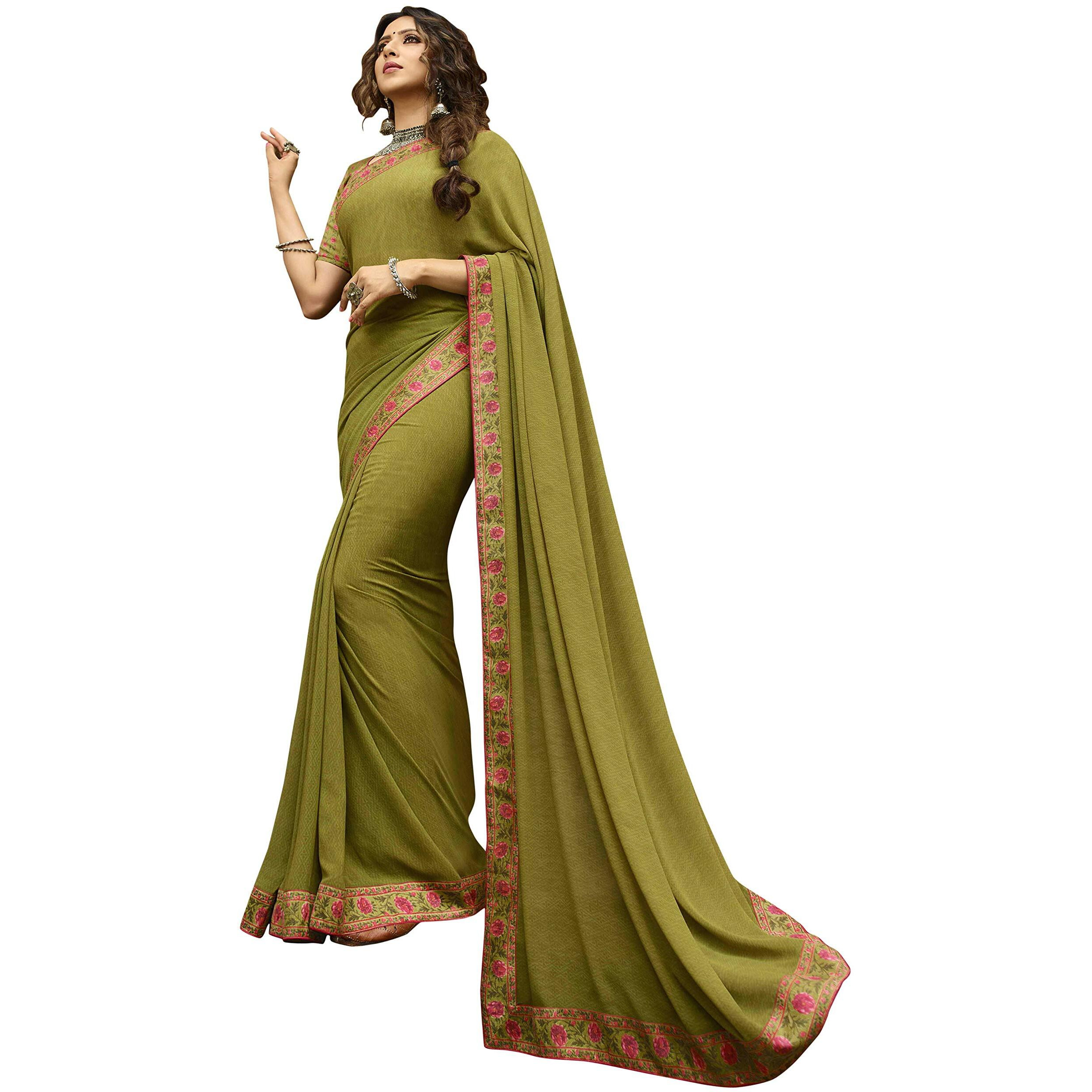 RAJESHWAR FASHION WITH RF Womens Georgette Floral Printed Sarees For Women Lace BorderWith Blouse(A40 OLIVE_Multicolored_Free Size 6.30 Mtr)