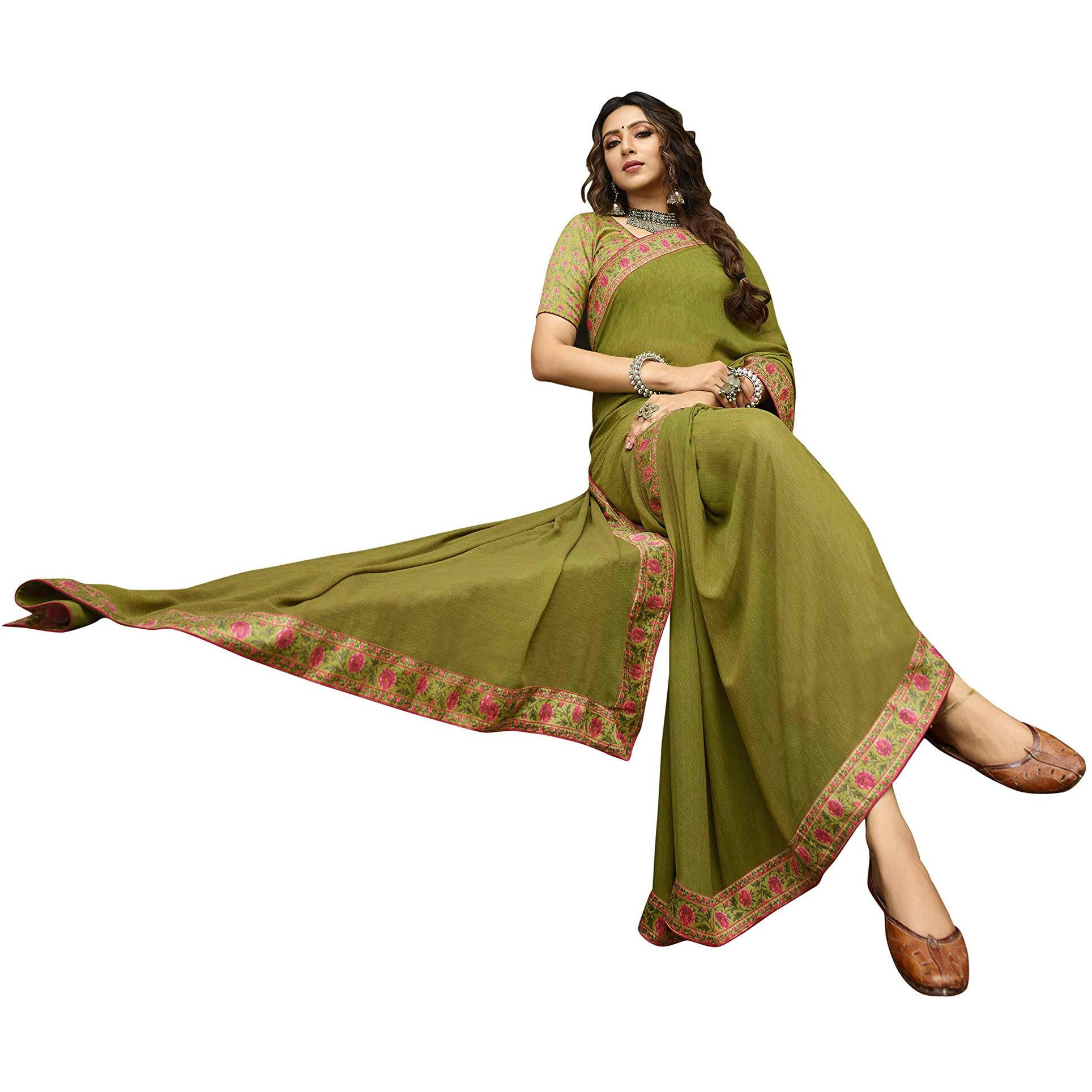 RAJESHWAR FASHION WITH RF Womens Georgette Floral Printed Sarees For Women Lace BorderWith Blouse(A40 OLIVE_Multicolored_Free Size 6.30 Mtr)