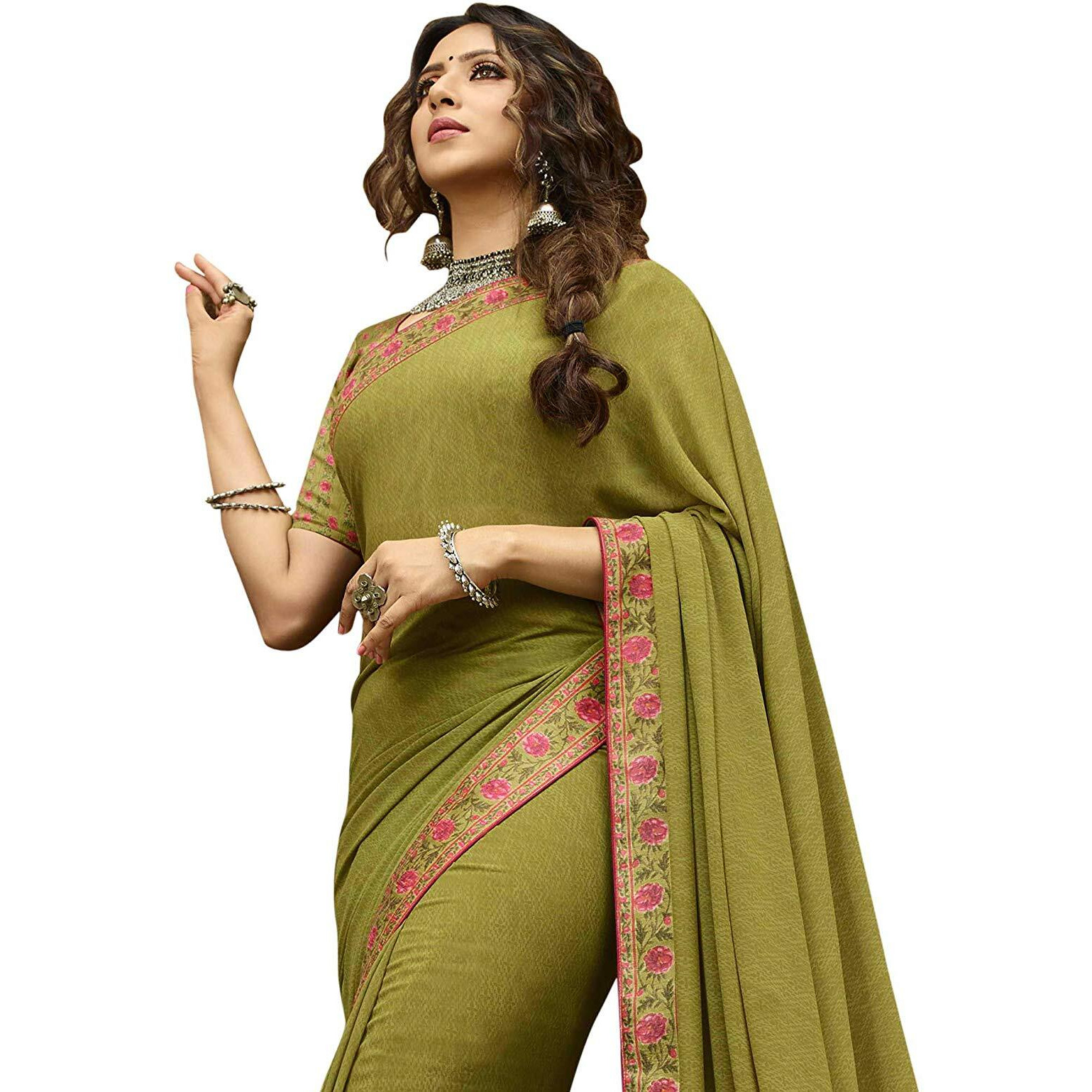 RAJESHWAR FASHION WITH RF Womens Georgette Floral Printed Sarees For Women Lace BorderWith Blouse(A40 OLIVE_Multicolored_Free Size 6.30 Mtr)