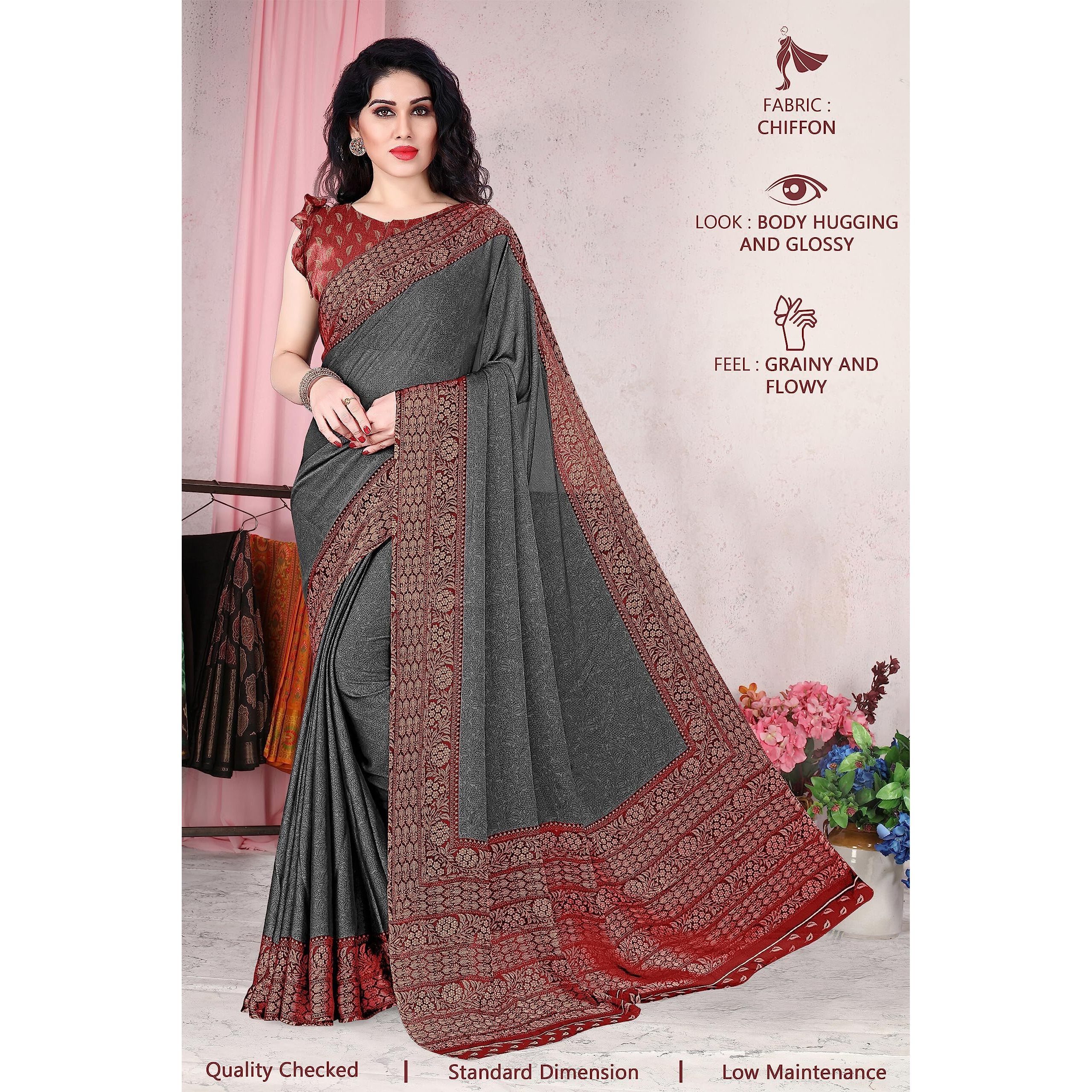 SOURBH Womens Chiffon Kalamkari Printed Saree with Blouse Piece (23565-Grey, Maroon)