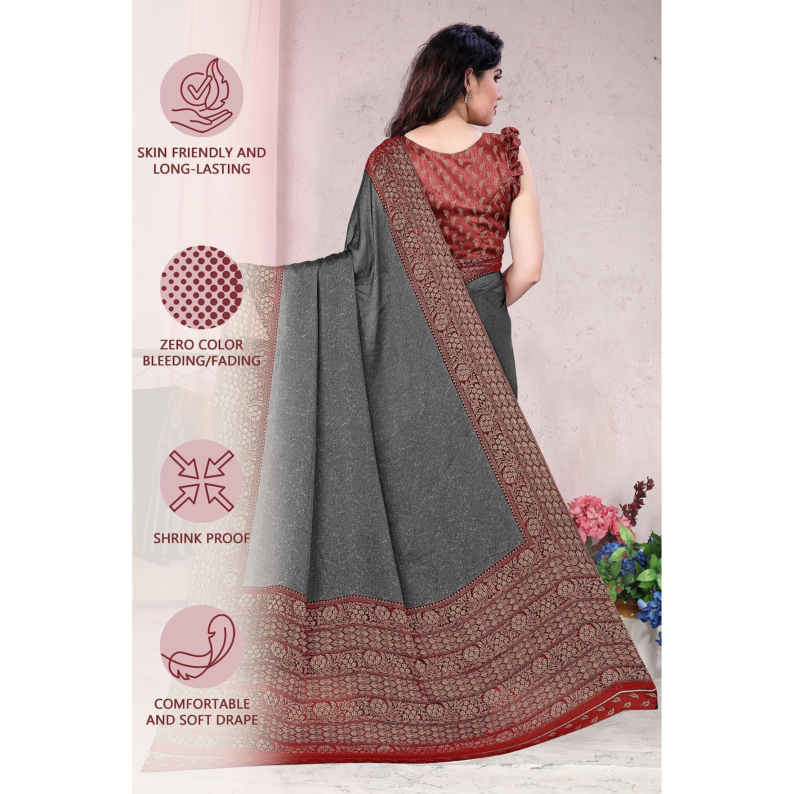 SOURBH Womens Chiffon Kalamkari Printed Saree with Blouse Piece (23565-Grey, Maroon)