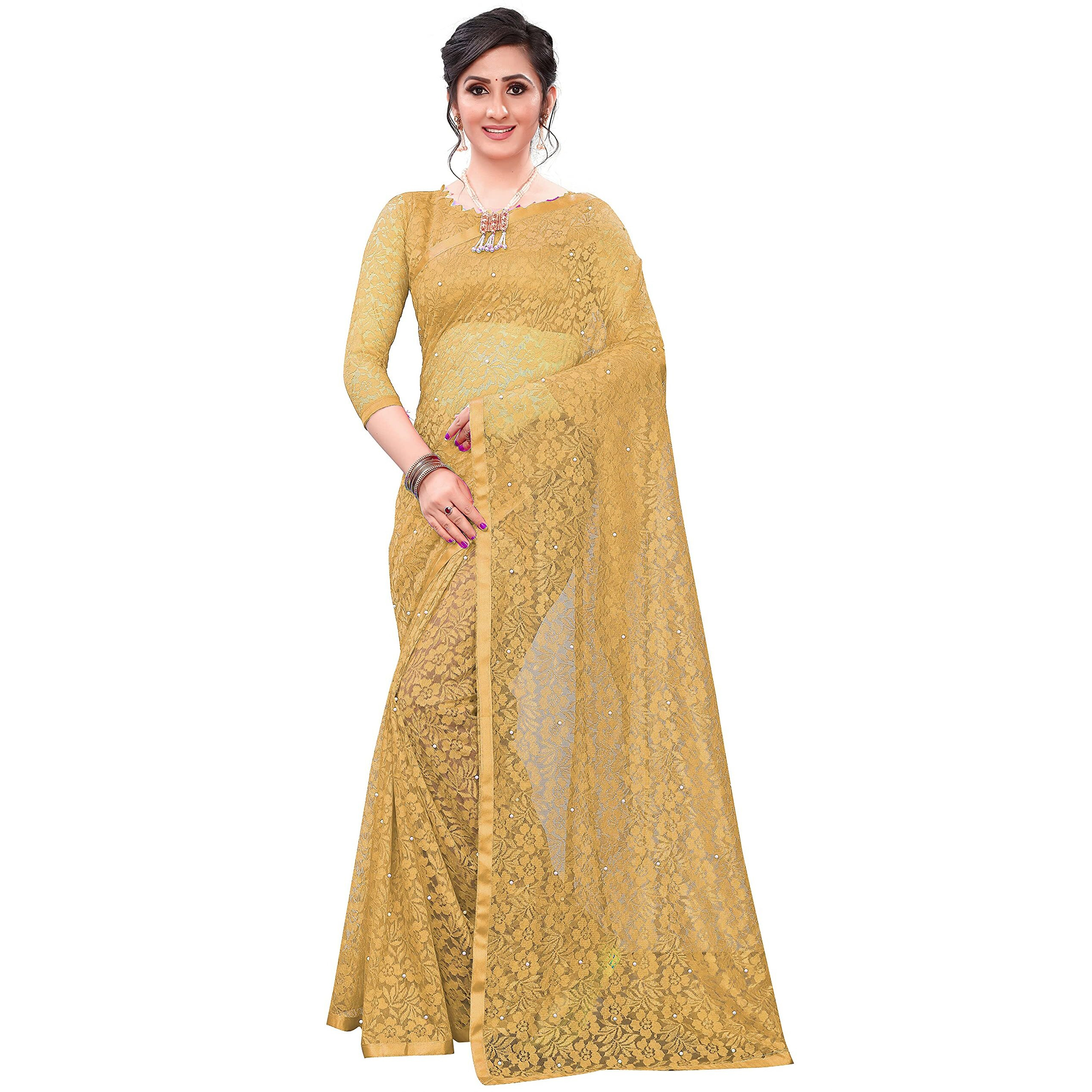 LOROFY Womens Net Saree (With Blouse_Free Size) (Chiku)