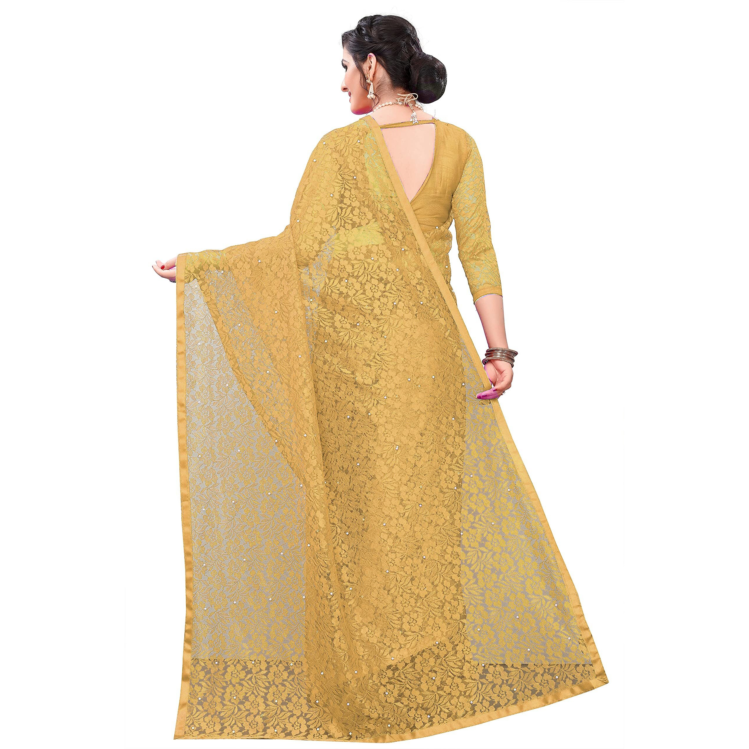 LOROFY Womens Net Saree (With Blouse_Free Size) (Chiku)