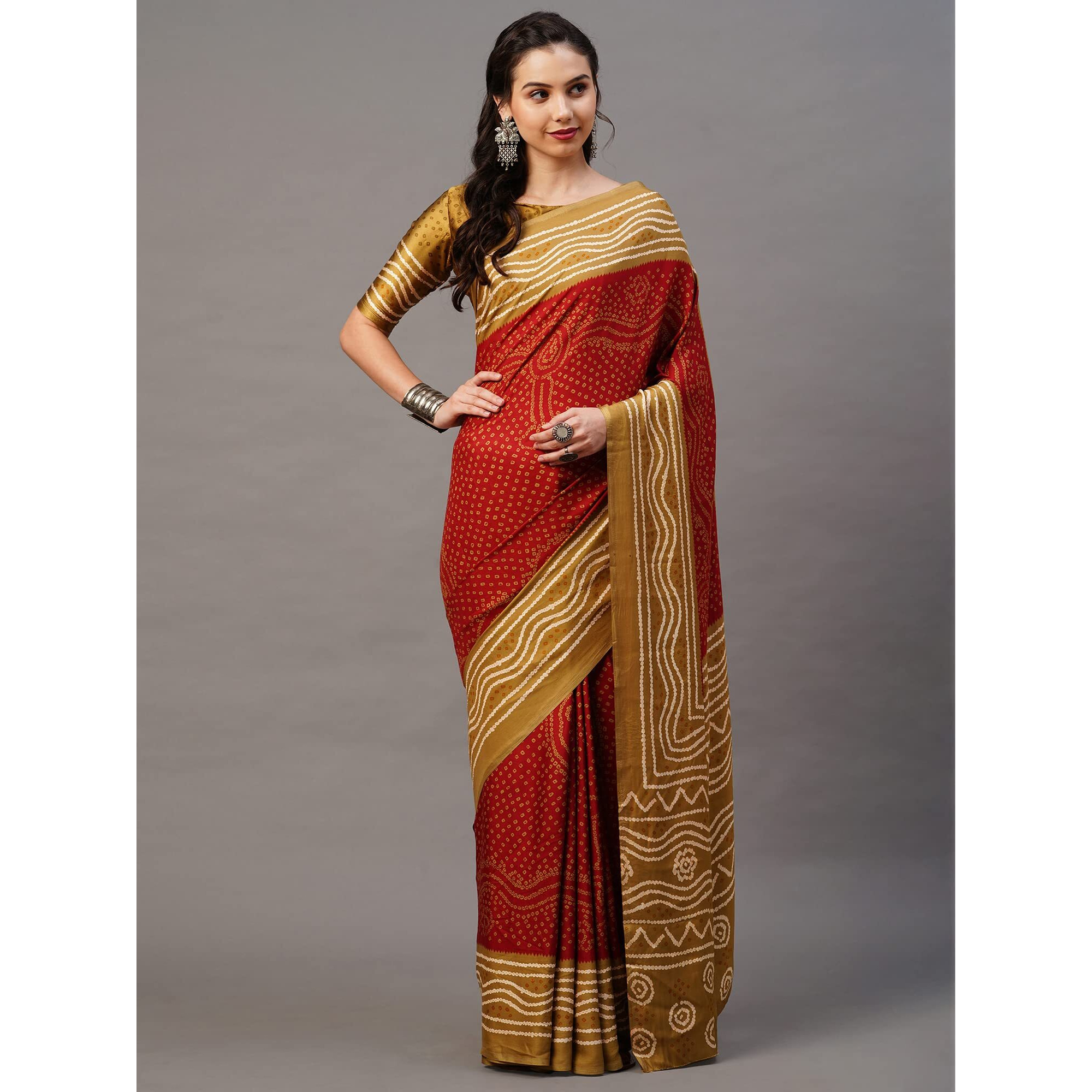 AKHILAM Womens Satin Silk Bandhani Print Saree With Unstitched Blouse Piece(Red & Beige_GAJISK106)