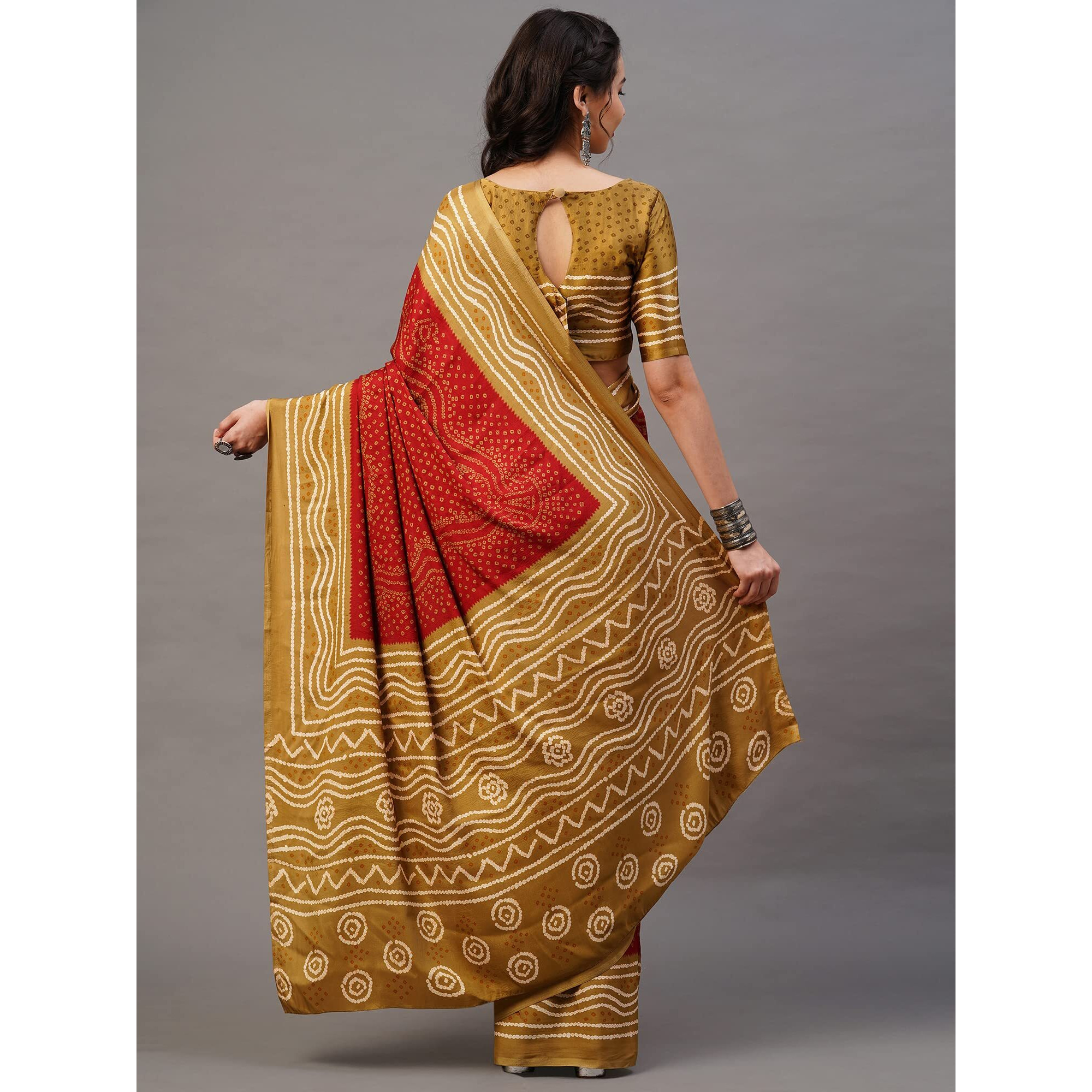 AKHILAM Womens Satin Silk Bandhani Print Saree With Unstitched Blouse Piece(Red & Beige_GAJISK106)