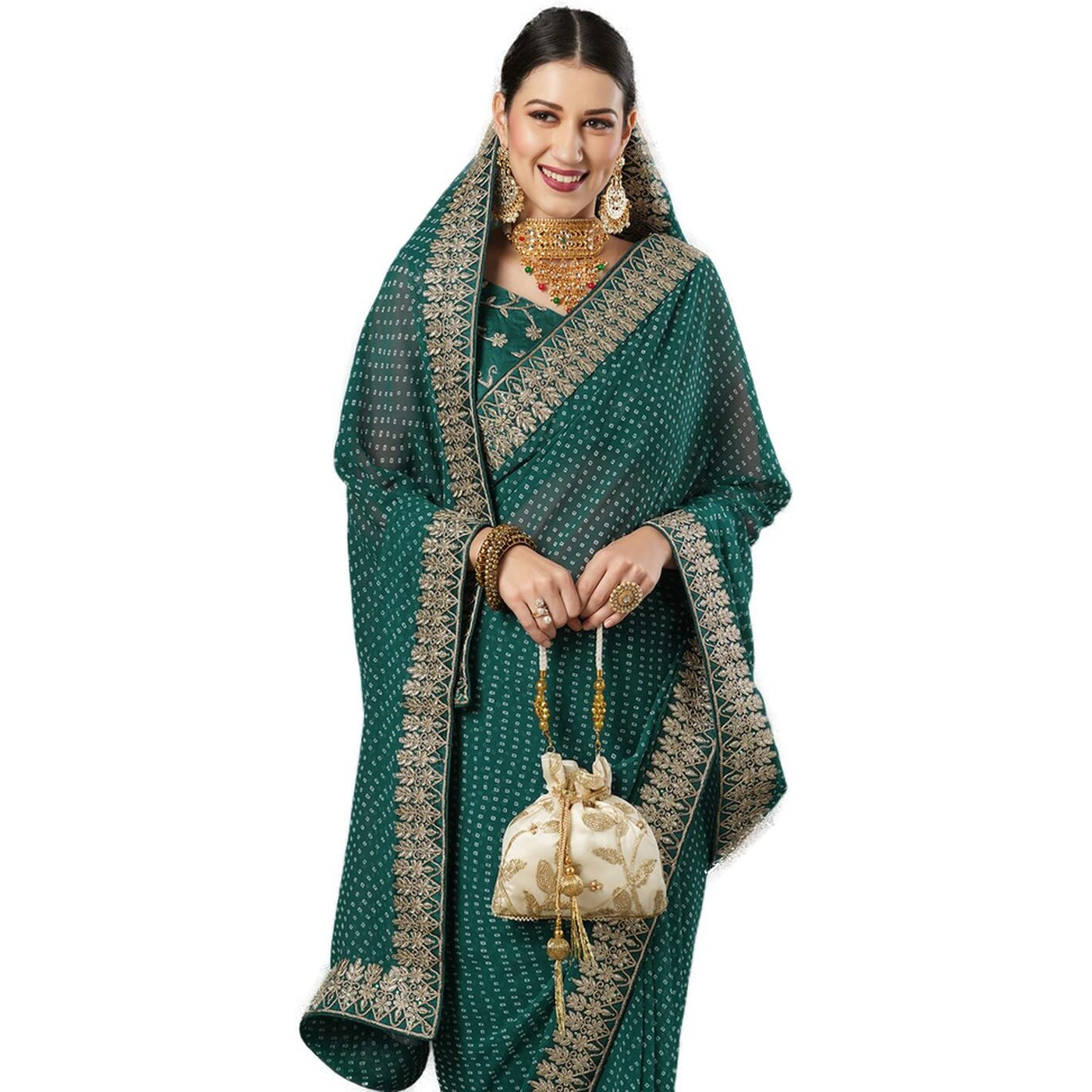 AKHILAM Womens Zari Embroidered Georgette Bandhani Saree With Unstitched Blouse Piece (Teal blue_BANDHNI1001)