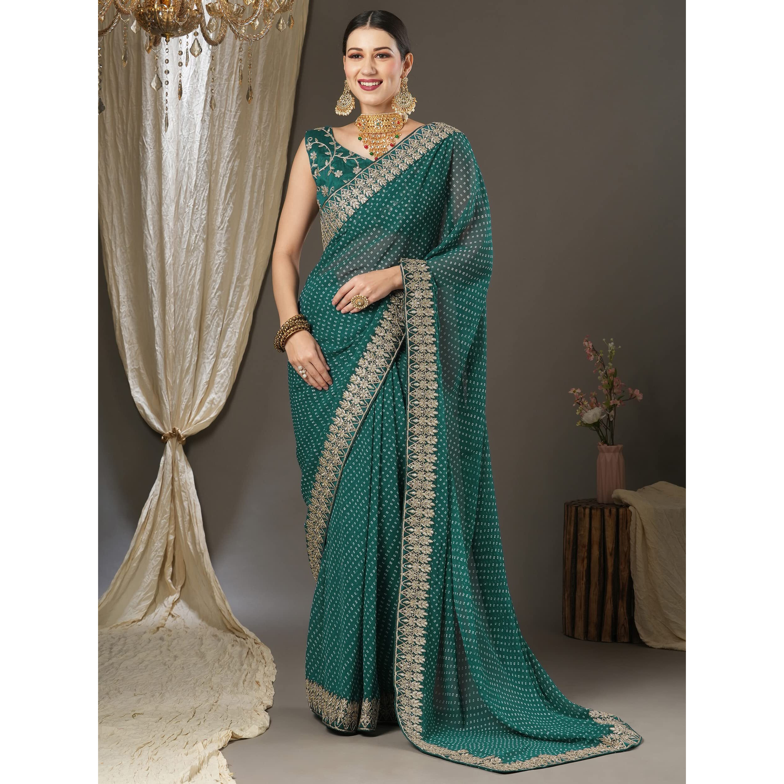 AKHILAM Womens Zari Embroidered Georgette Bandhani Saree With Unstitched Blouse Piece (Teal blue_BANDHNI1001)