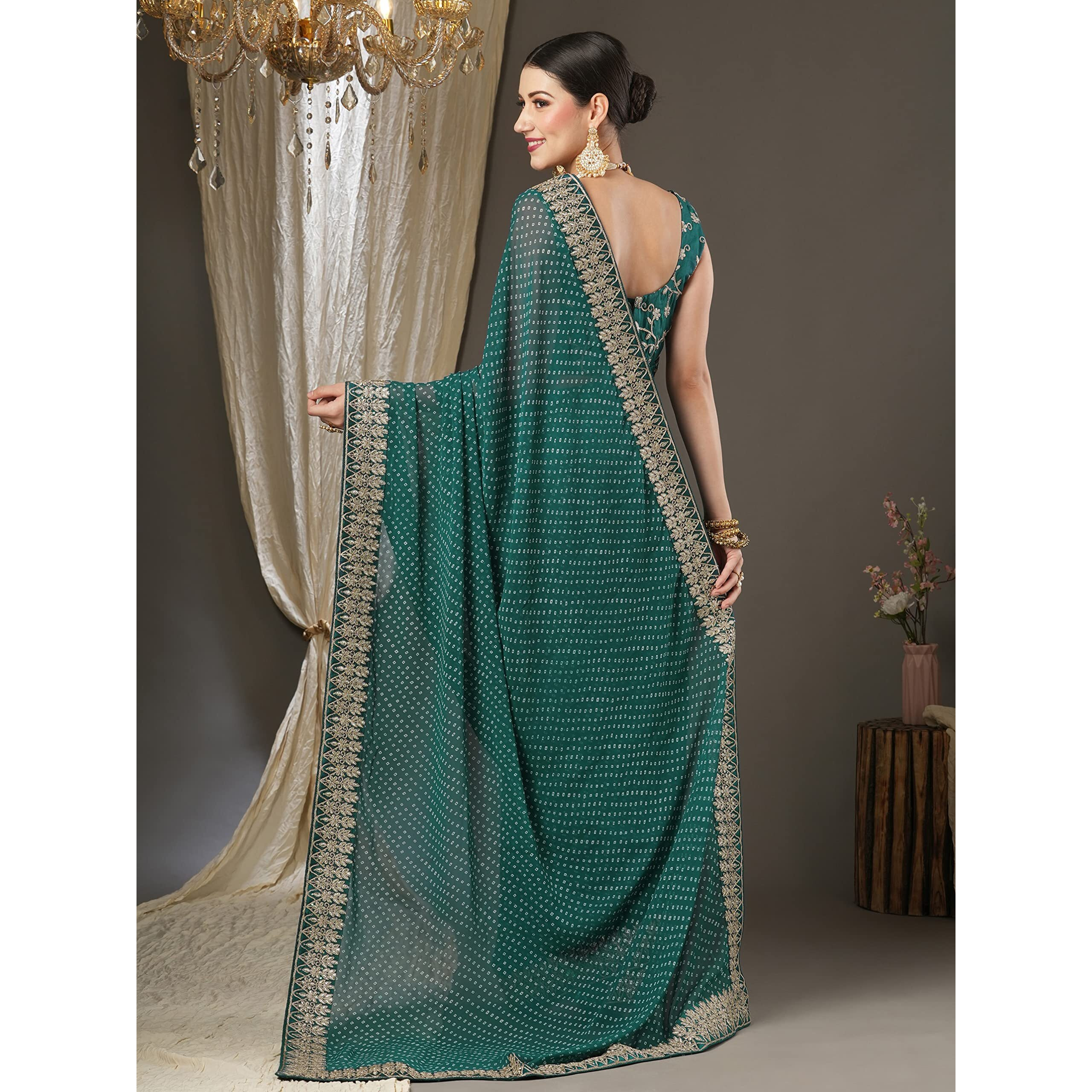 AKHILAM Womens Zari Embroidered Georgette Bandhani Saree With Unstitched Blouse Piece (Teal blue_BANDHNI1001)