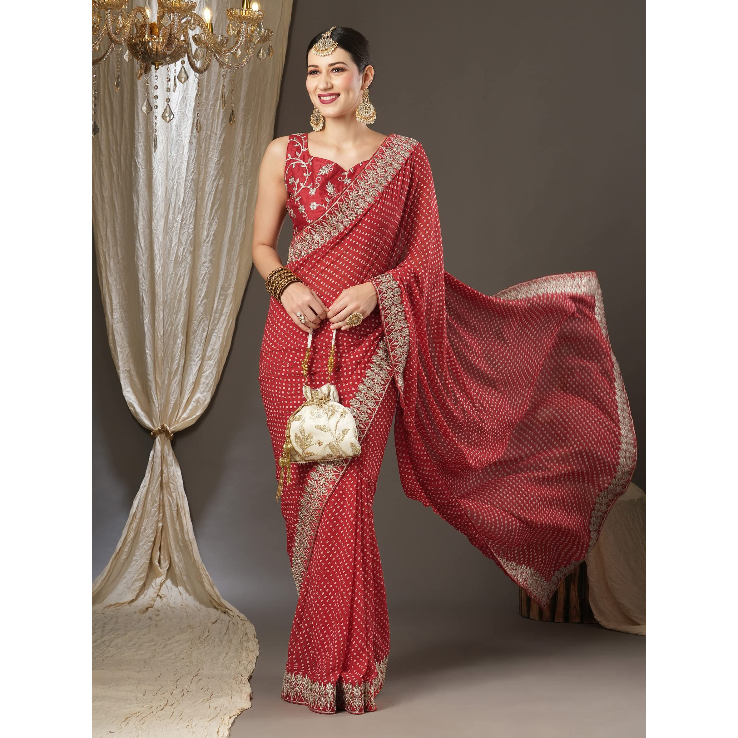 AKHILAM Womens Zari Embroidered Georgette Bandhani Saree With Unstitched Blouse Piece (Red_BANDHNI1010)