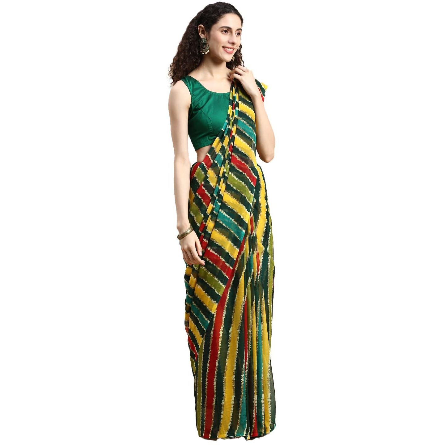 RANI SAAHIBA Womens Chiffon Lehriya Printed Saree Without Blouse (SKR11040_Green - Multi)