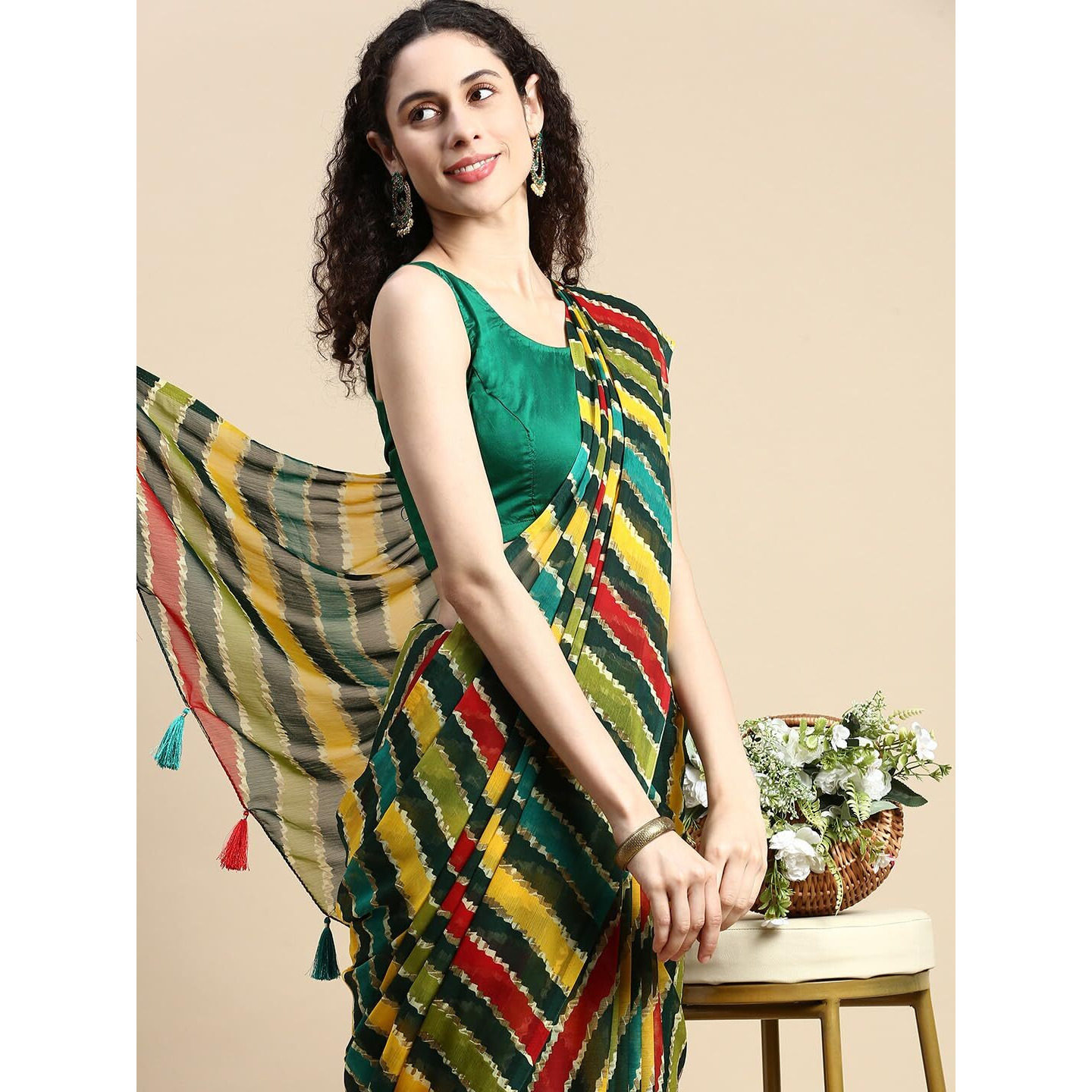 RANI SAAHIBA Womens Chiffon Lehriya Printed Saree Without Blouse (SKR11040_Green - Multi)