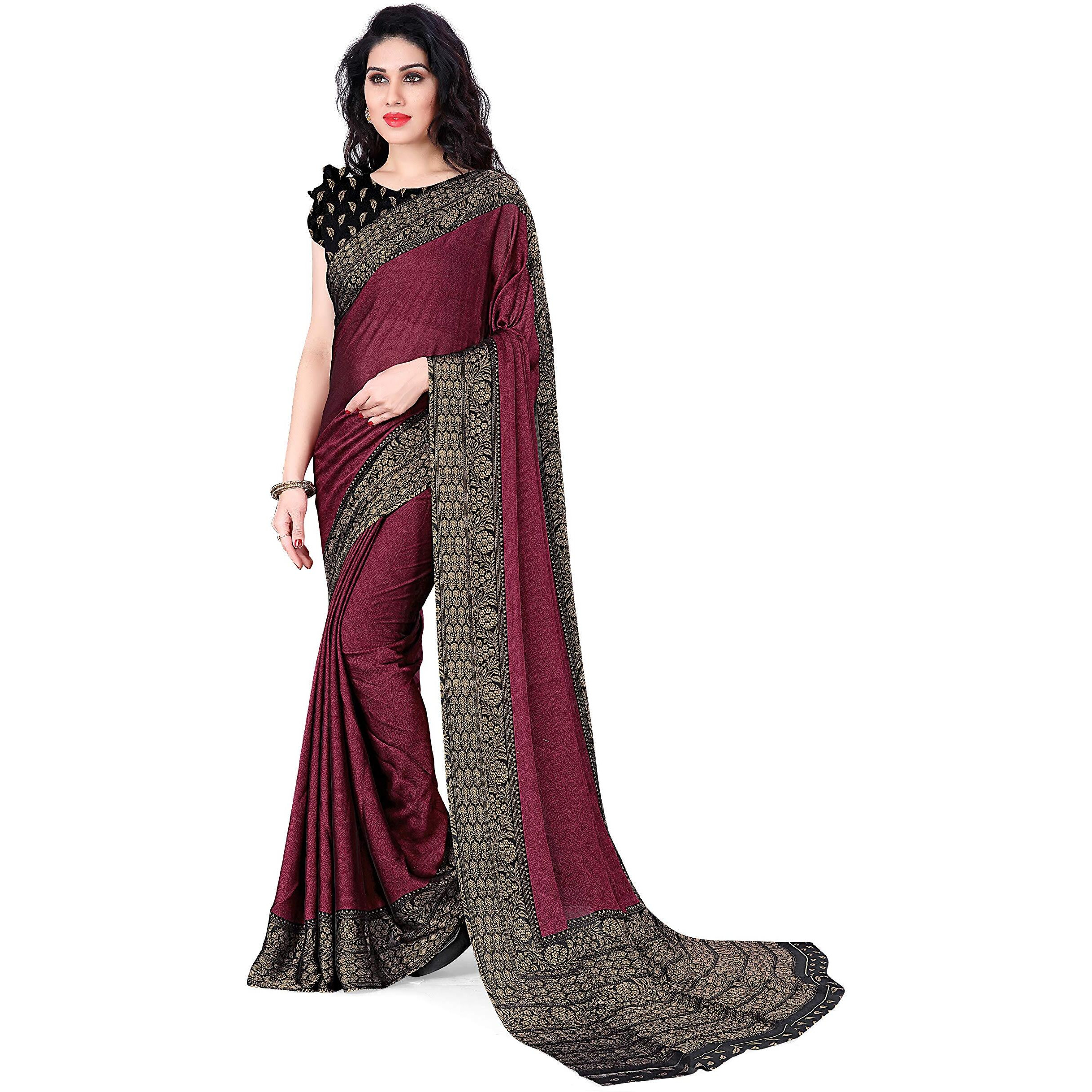 SOURBH Womens Plain Weave Chiffon Kalamkari Printed Saree with Blouse Piece (20686-Magenta, Black)