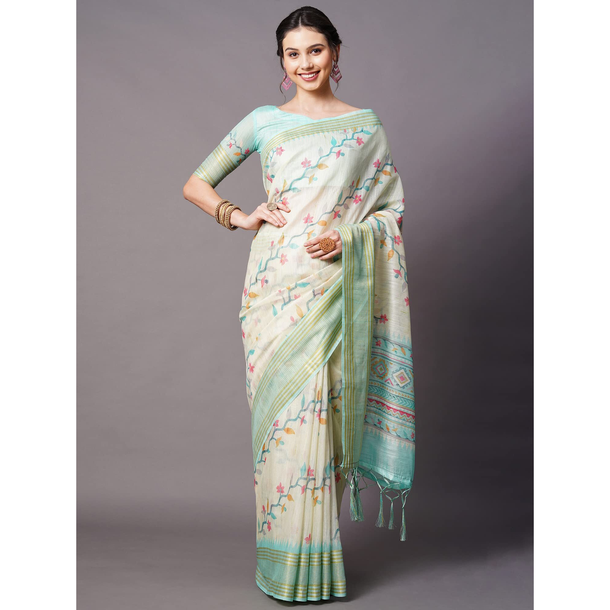 AKHILAM Womens Linen Floral Printed Saree with Unstitched Blouse Piece (Cream_SUSHM1204)