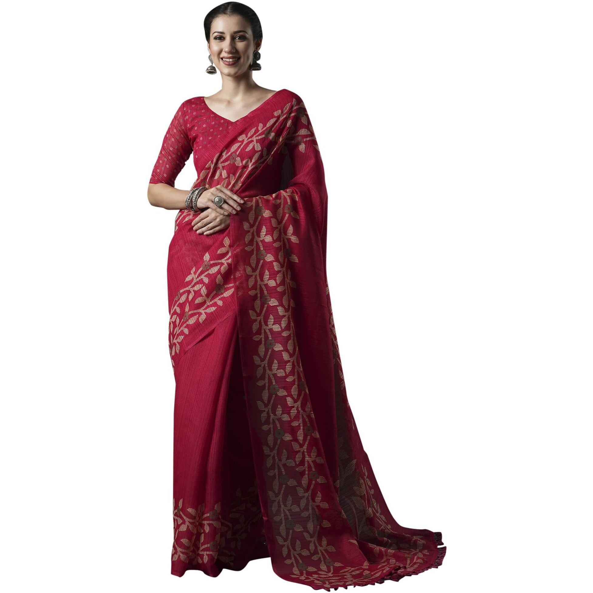 AKHILAM Womens Cotton Slub Botanical Printed Saree With Unstitched Blouse Piece(Pink_GRNS21B_HS)