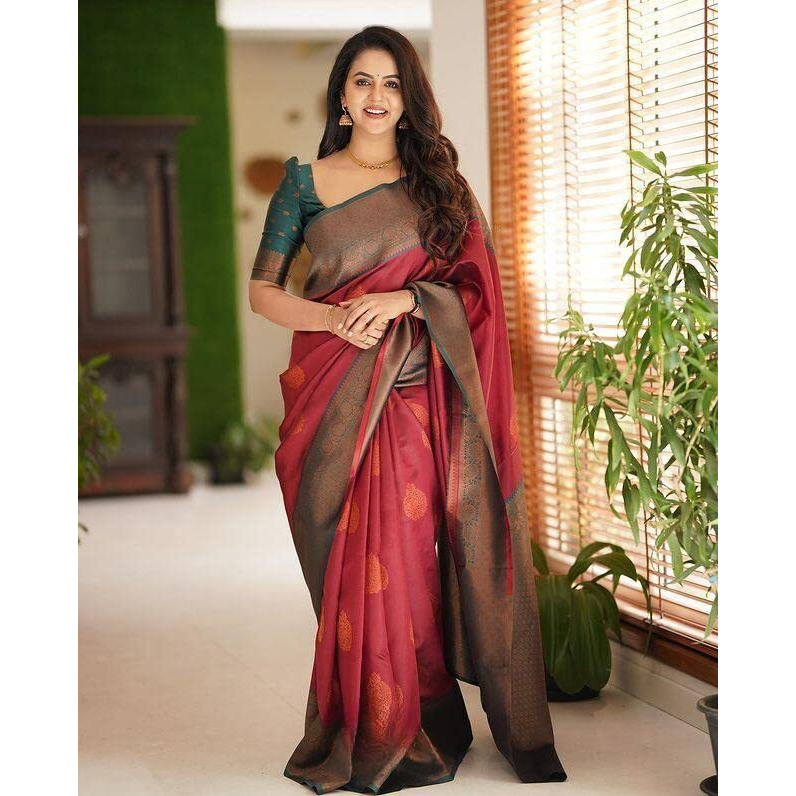 Flosive Womens Present Banarasi Soft Lichi Silk Saree Beautiful Jacquard Rich Pallu Design Work Zari Woven Kanjivaram Silk Style Saree With Soft Lichi Silk Blouse Piece Ayn Ritch (Red)