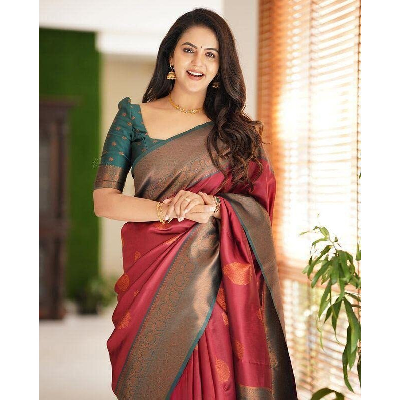 Flosive Womens Present Banarasi Soft Lichi Silk Saree Beautiful Jacquard Rich Pallu Design Work Zari Woven Kanjivaram Silk Style Saree With Soft Lichi Silk Blouse Piece Ayn Ritch (Red)