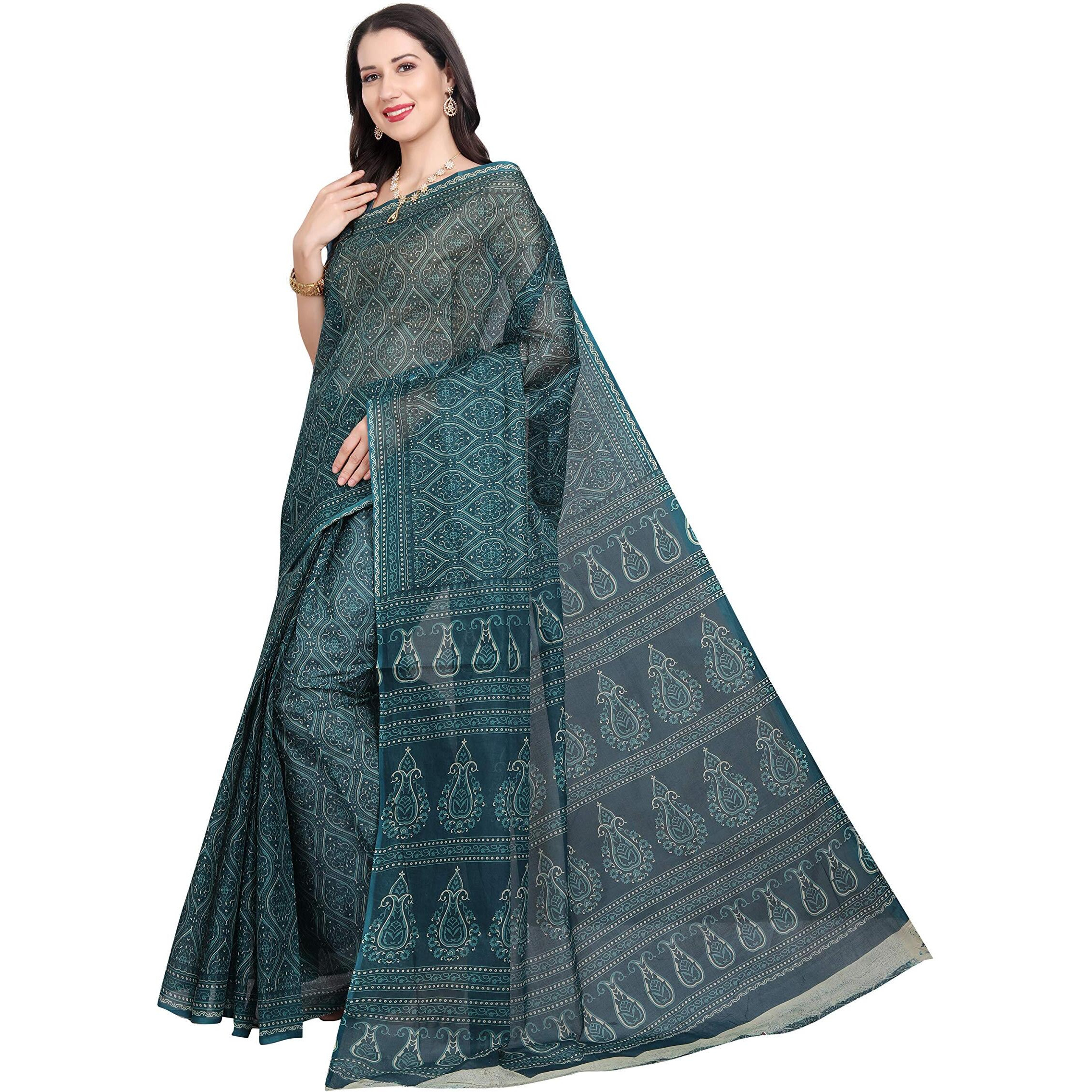 RANI SAAHIBA Womens Pure Cotton Printed Saree Without Blouse Piece (SKR6605_Blue)