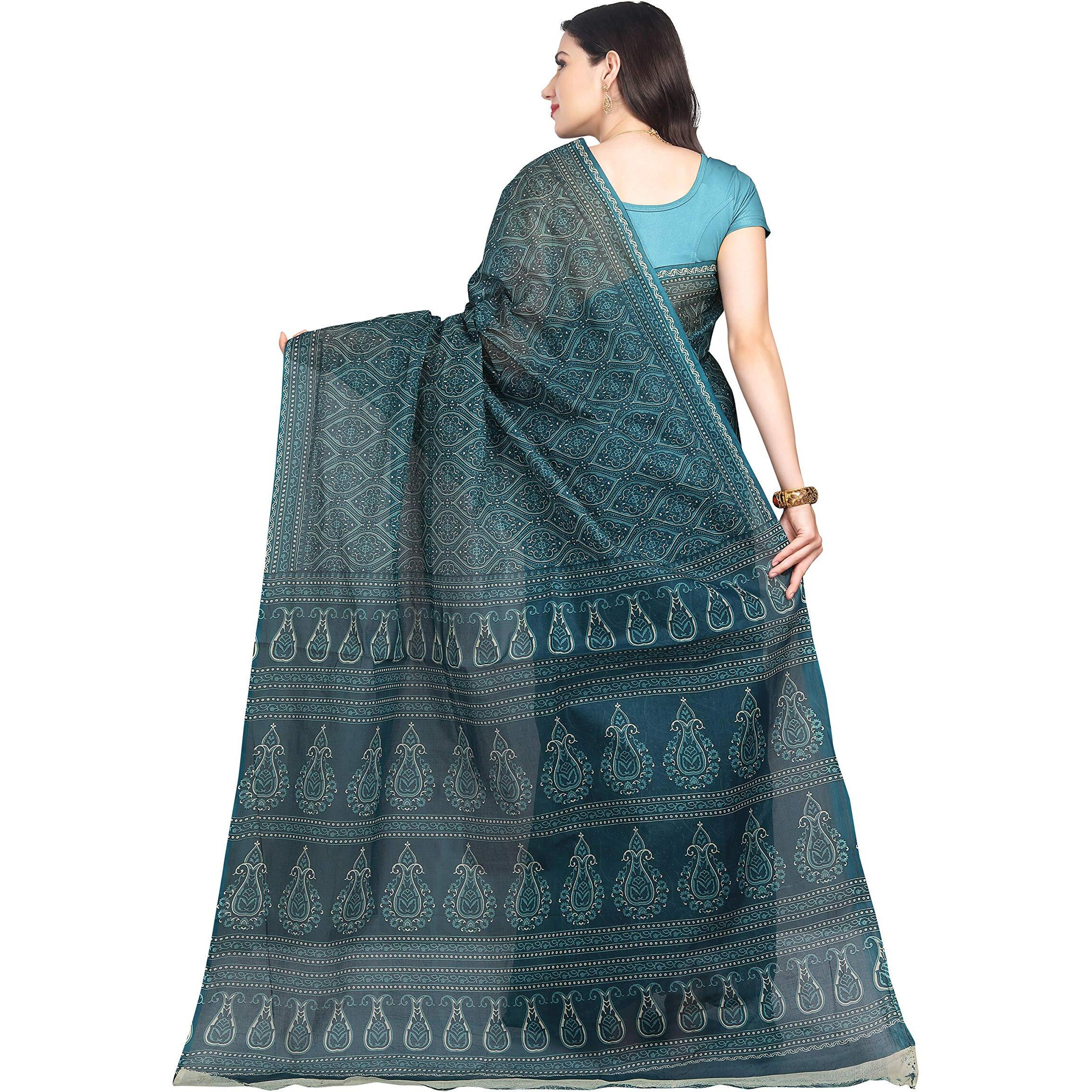 RANI SAAHIBA Womens Pure Cotton Printed Saree Without Blouse Piece (SKR6605_Blue)