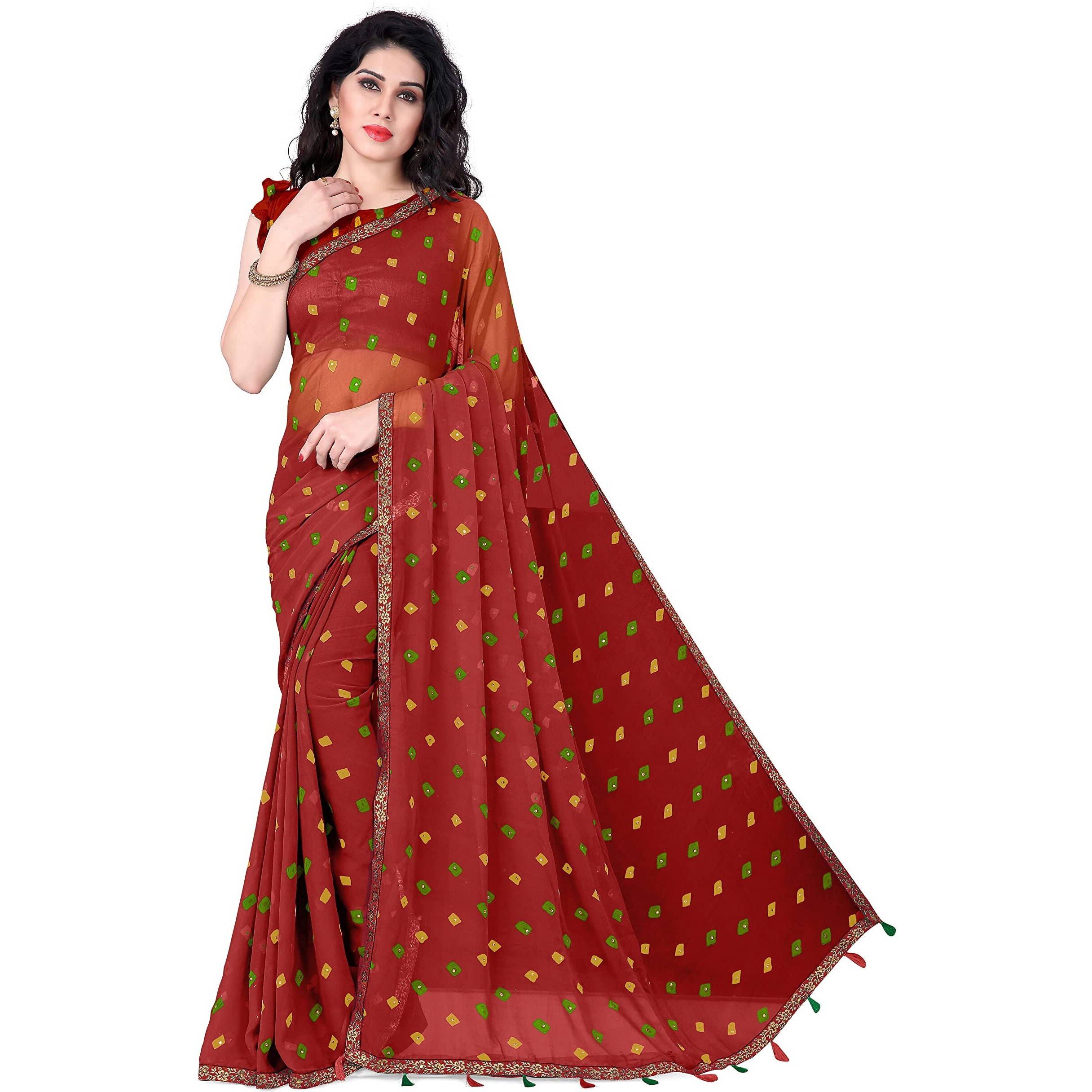 SOURBH Womens Faux Georgette Bandhani Printed Embellished Saree with Blouse Piece (23731-Dark Orange)