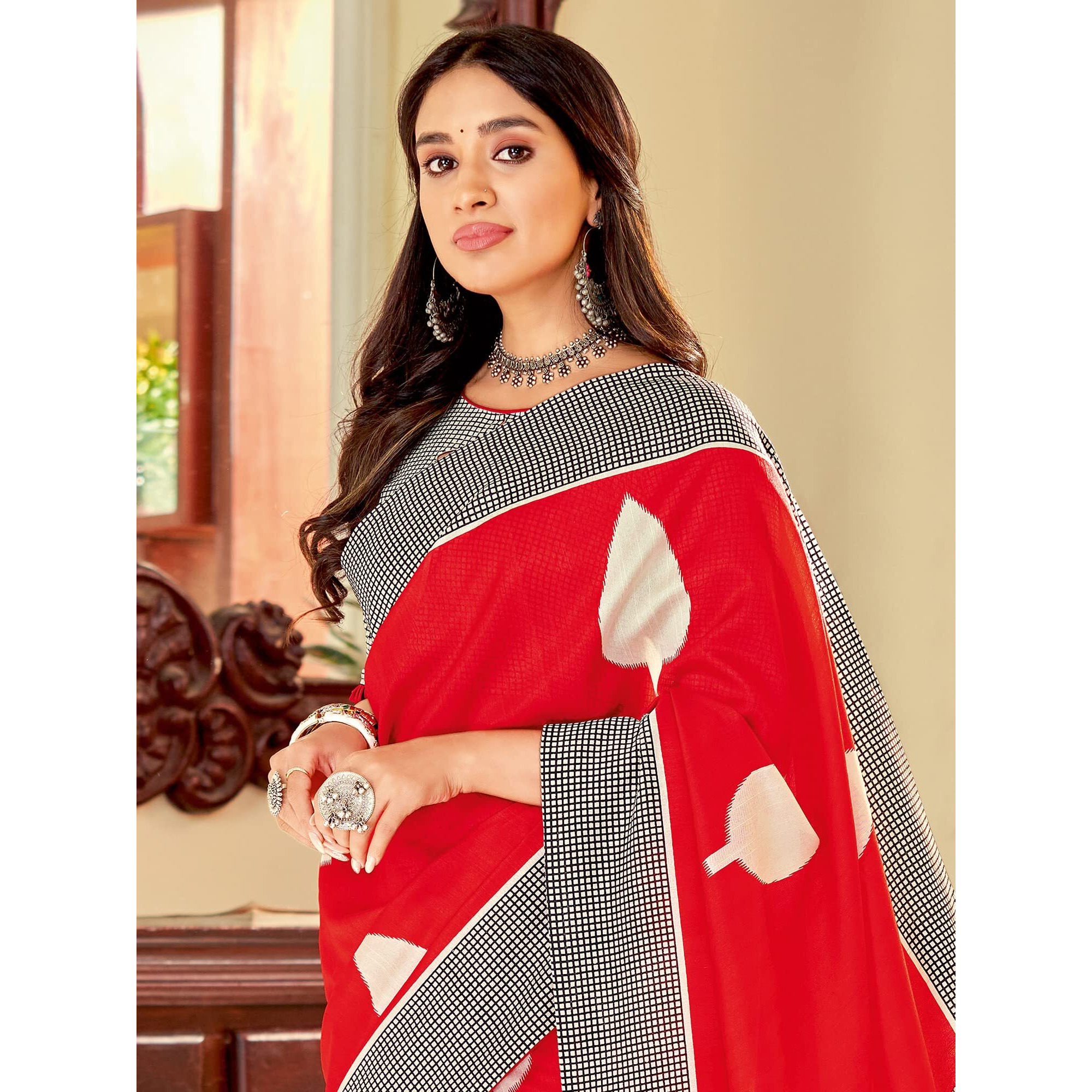 AKHILAM Womens Bagh Bhagalpuri Silk Printed Saree With Unstitched Blouse Piece (Red_22WOM22908_HS)