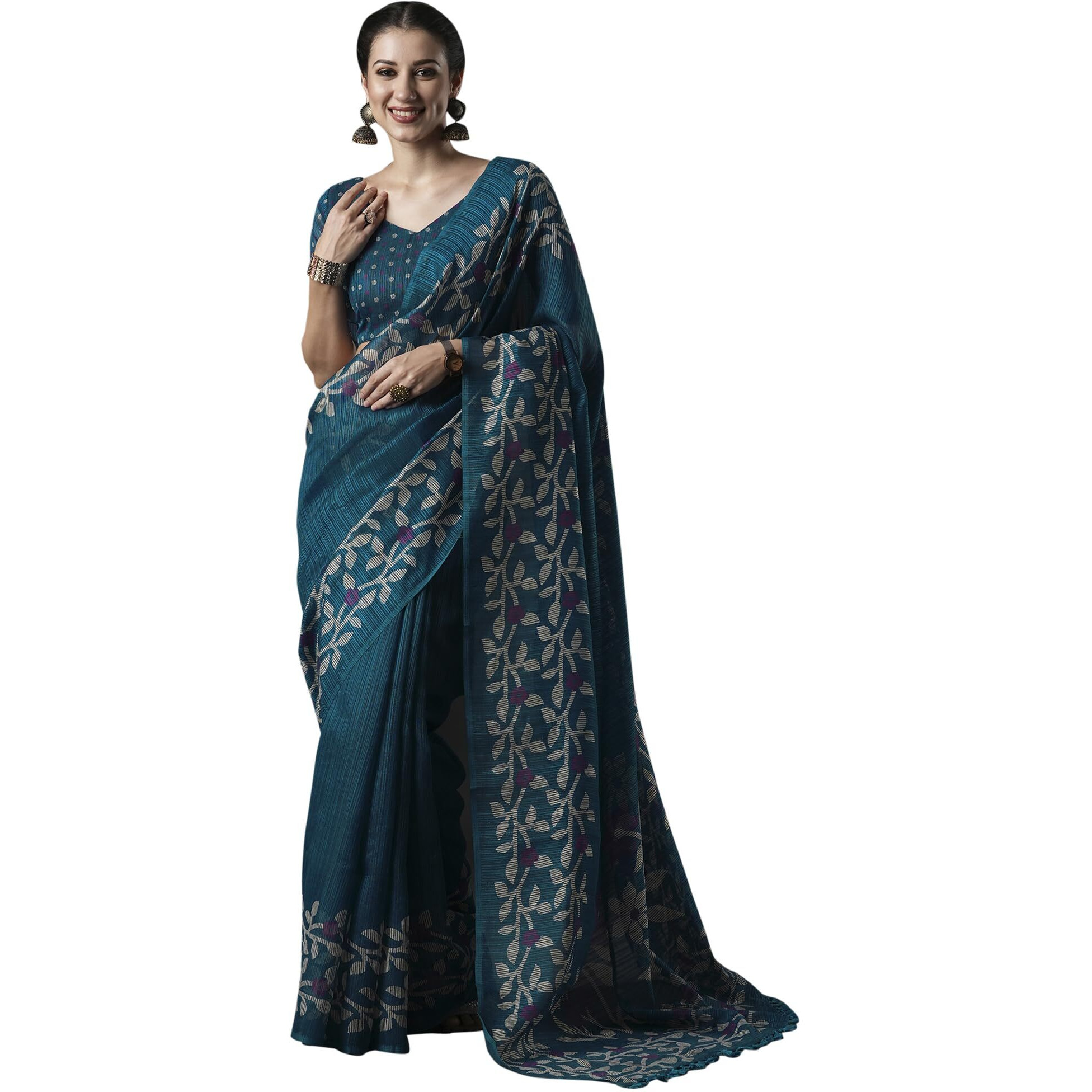 AKHILAM Womens Cotton Slub Botanical Printed Saree With Unstitched Blouse Piece(Teal blue_GRNS25A_HS)