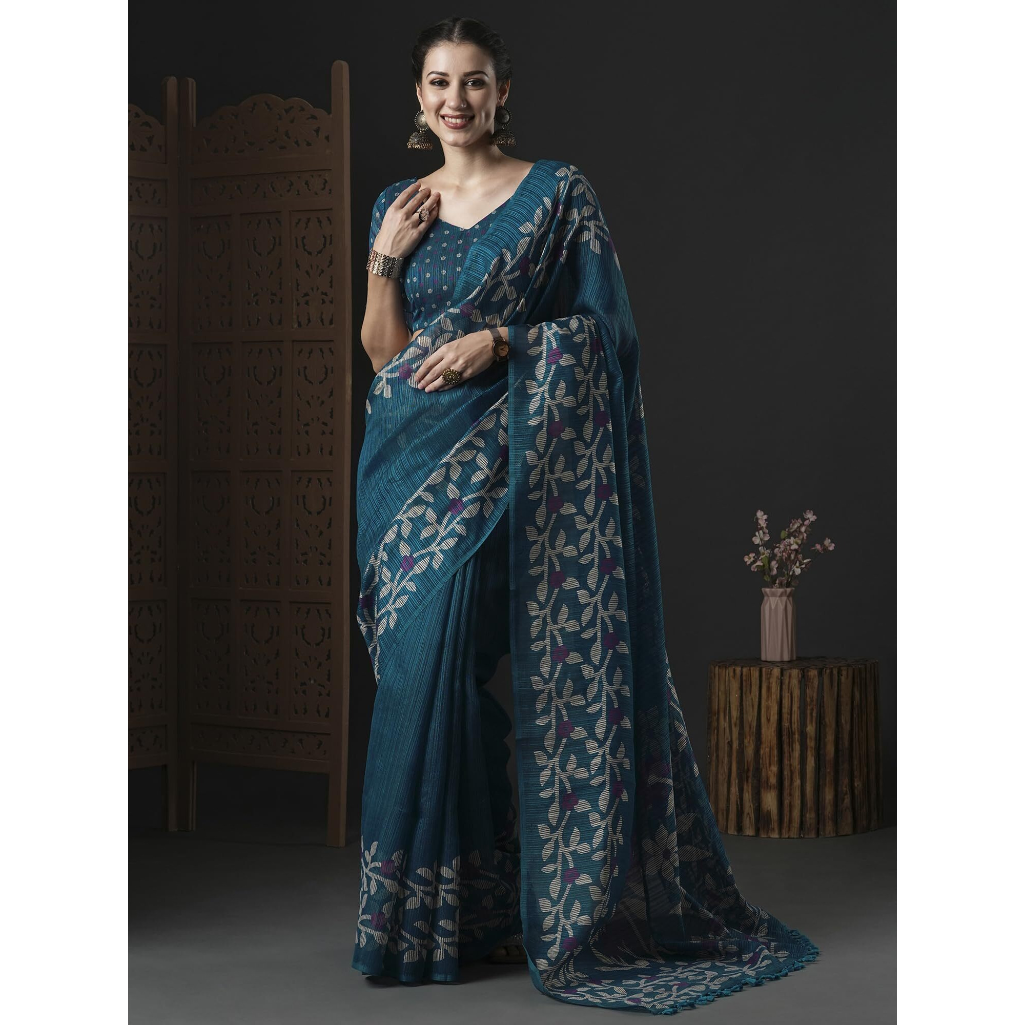 AKHILAM Womens Cotton Slub Botanical Printed Saree With Unstitched Blouse Piece(Teal blue_GRNS25A_HS)