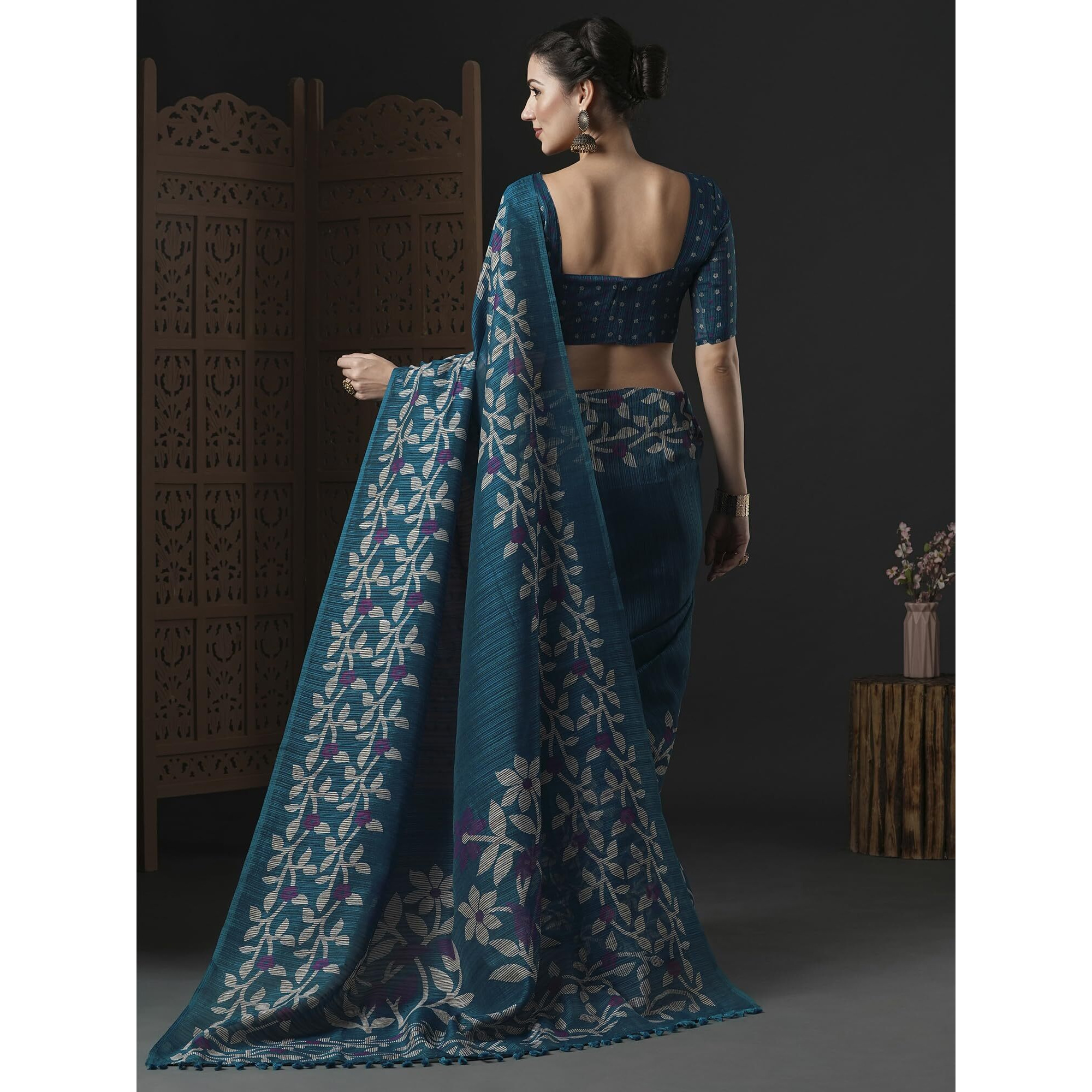 AKHILAM Womens Cotton Slub Botanical Printed Saree With Unstitched Blouse Piece(Teal blue_GRNS25A_HS)