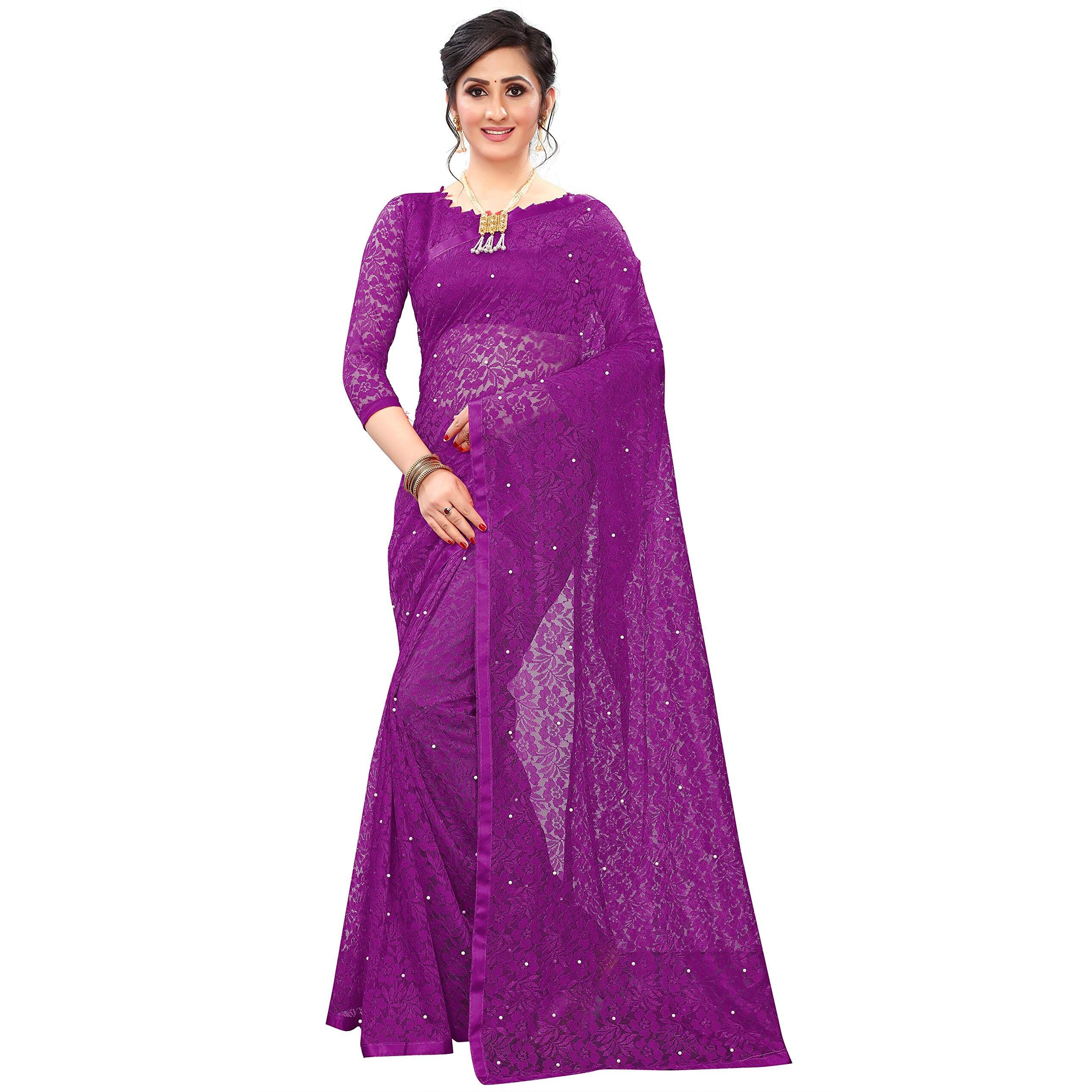 LOROFY Womens Net Saree (With Blouse_Free Size) (Purple)