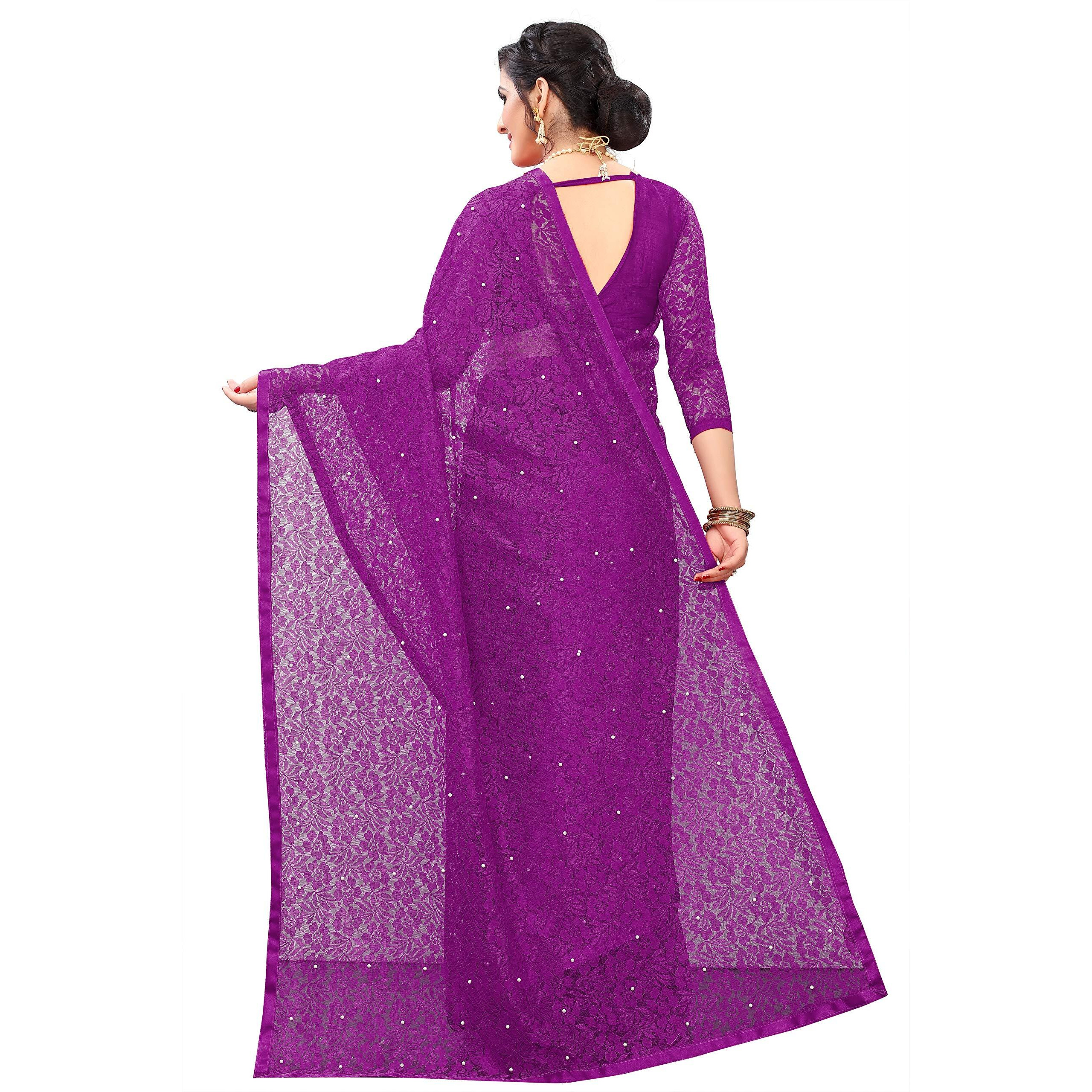 LOROFY Womens Net Saree (With Blouse_Free Size) (Purple)