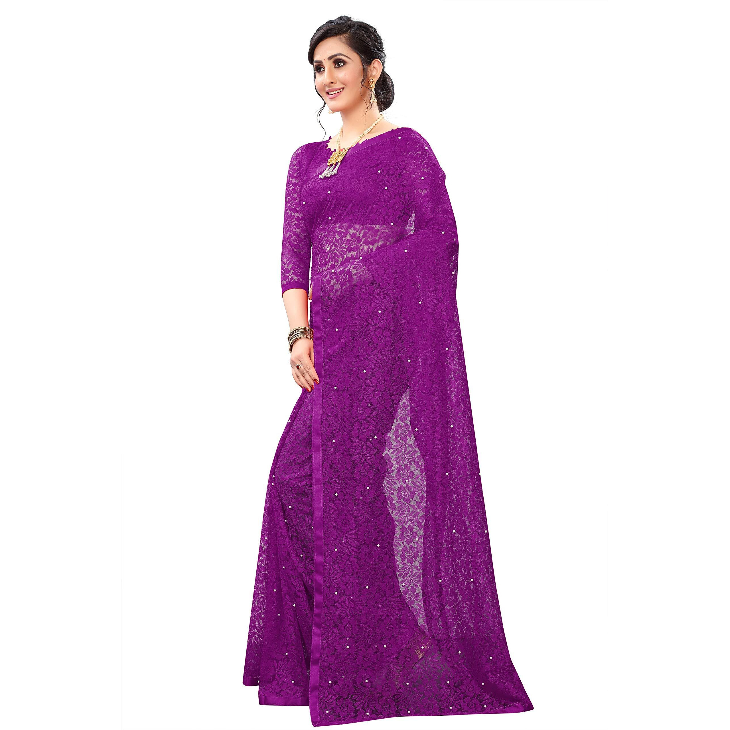 LOROFY Womens Net Saree (With Blouse_Free Size) (Purple)