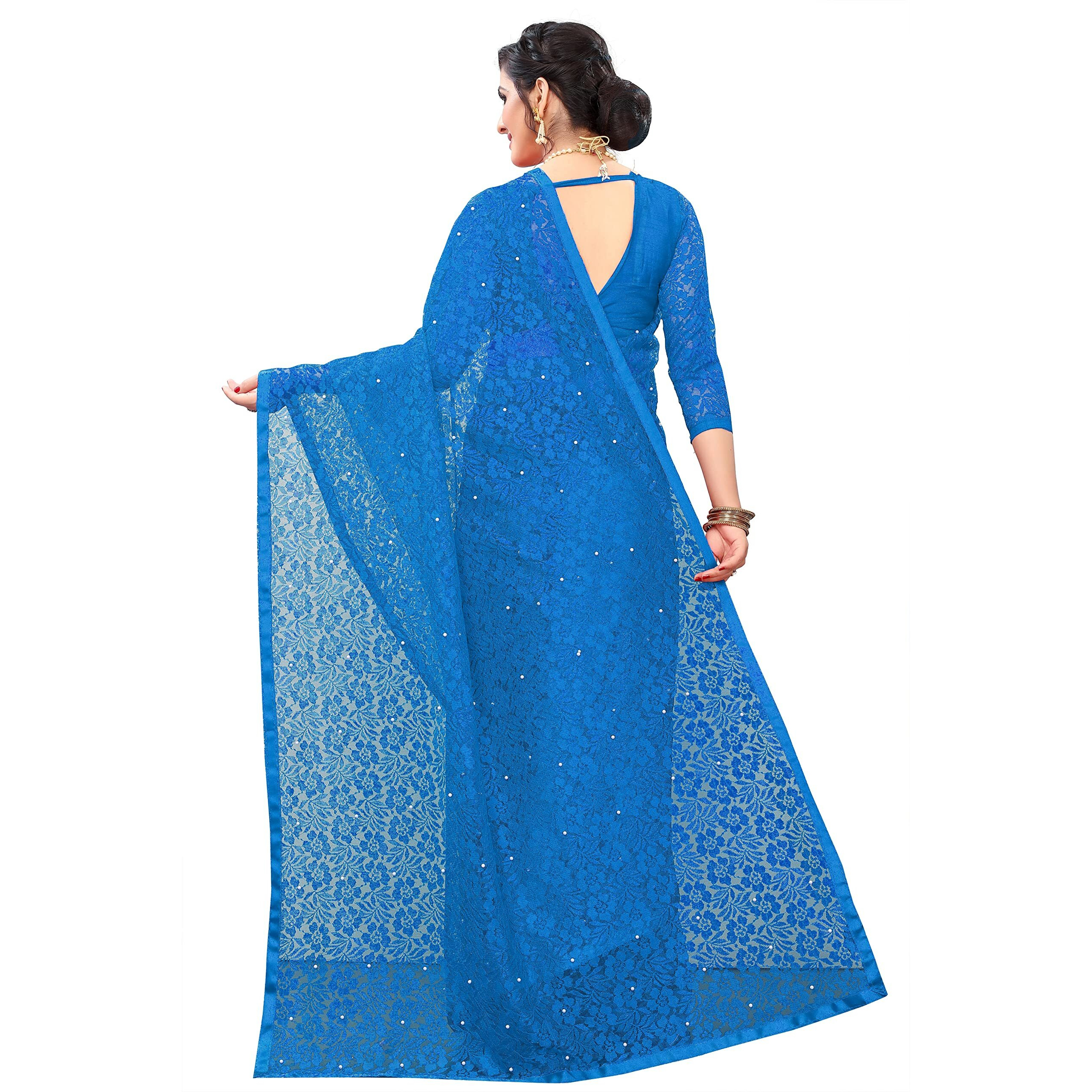 LOROFY Womens Net Saree (With Blouse_Free Size) (WaterBlue)