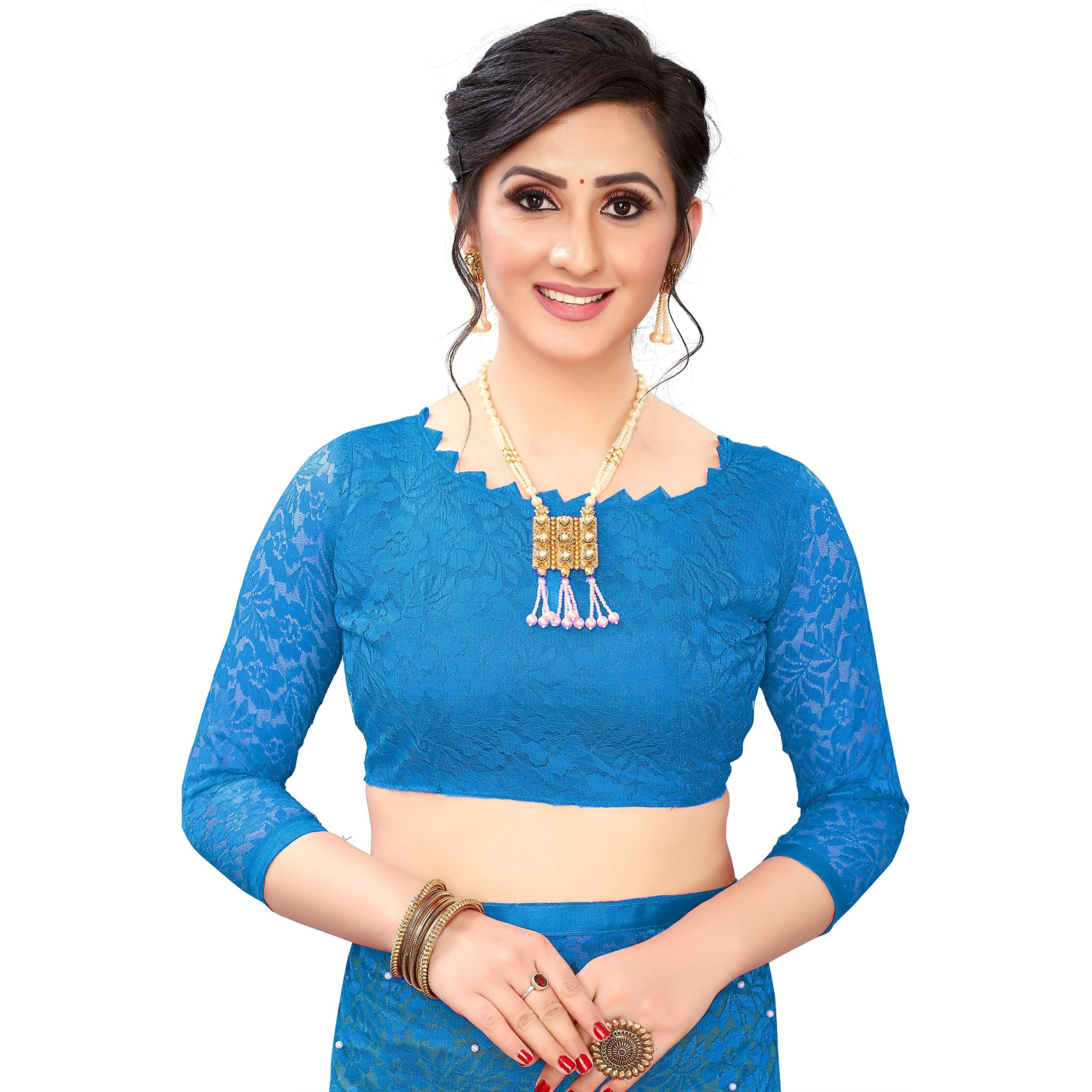 LOROFY Womens Net Saree (With Blouse_Free Size) (WaterBlue)