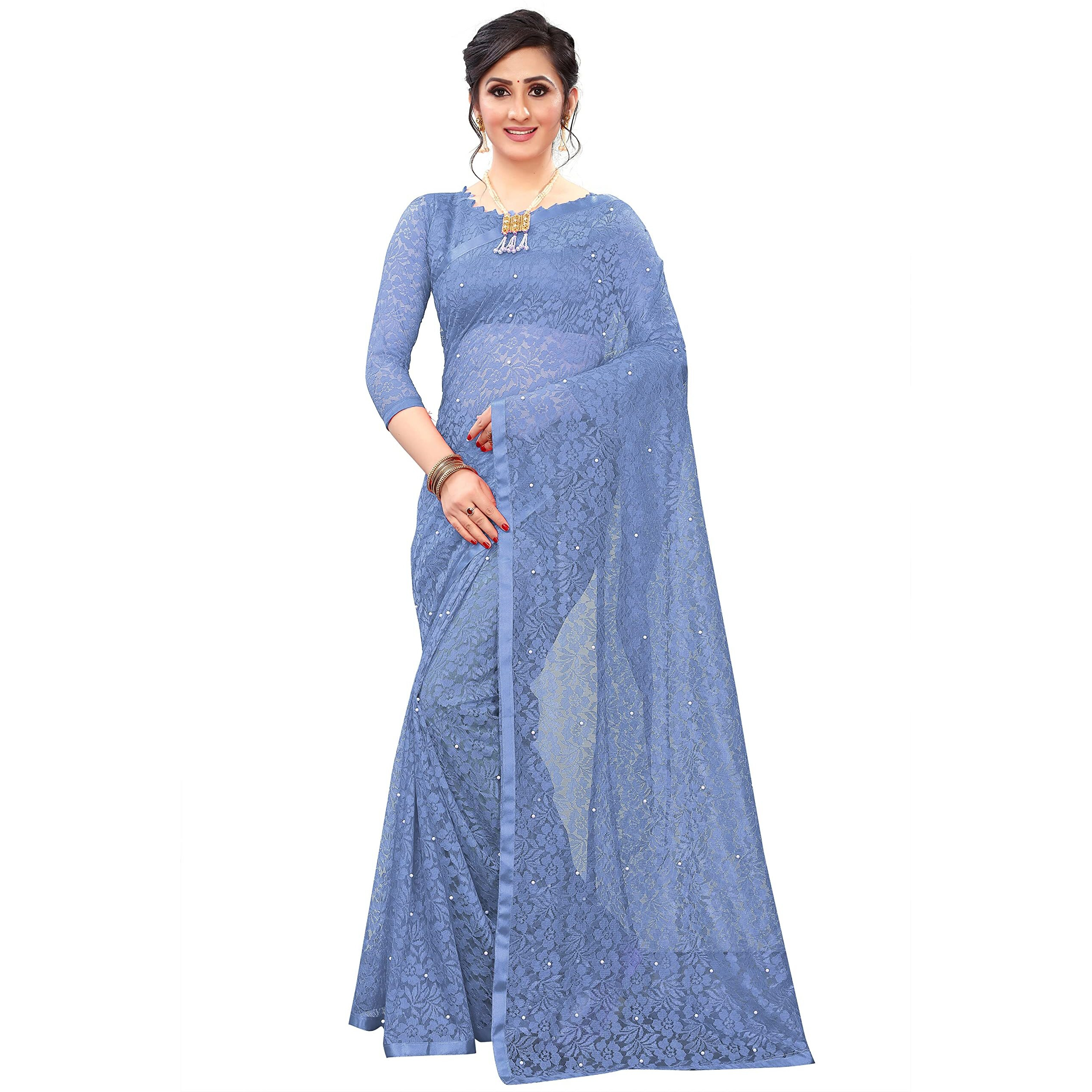 LOROFY Womens Net Saree (With Blouse_Free Size) (FrechPass)