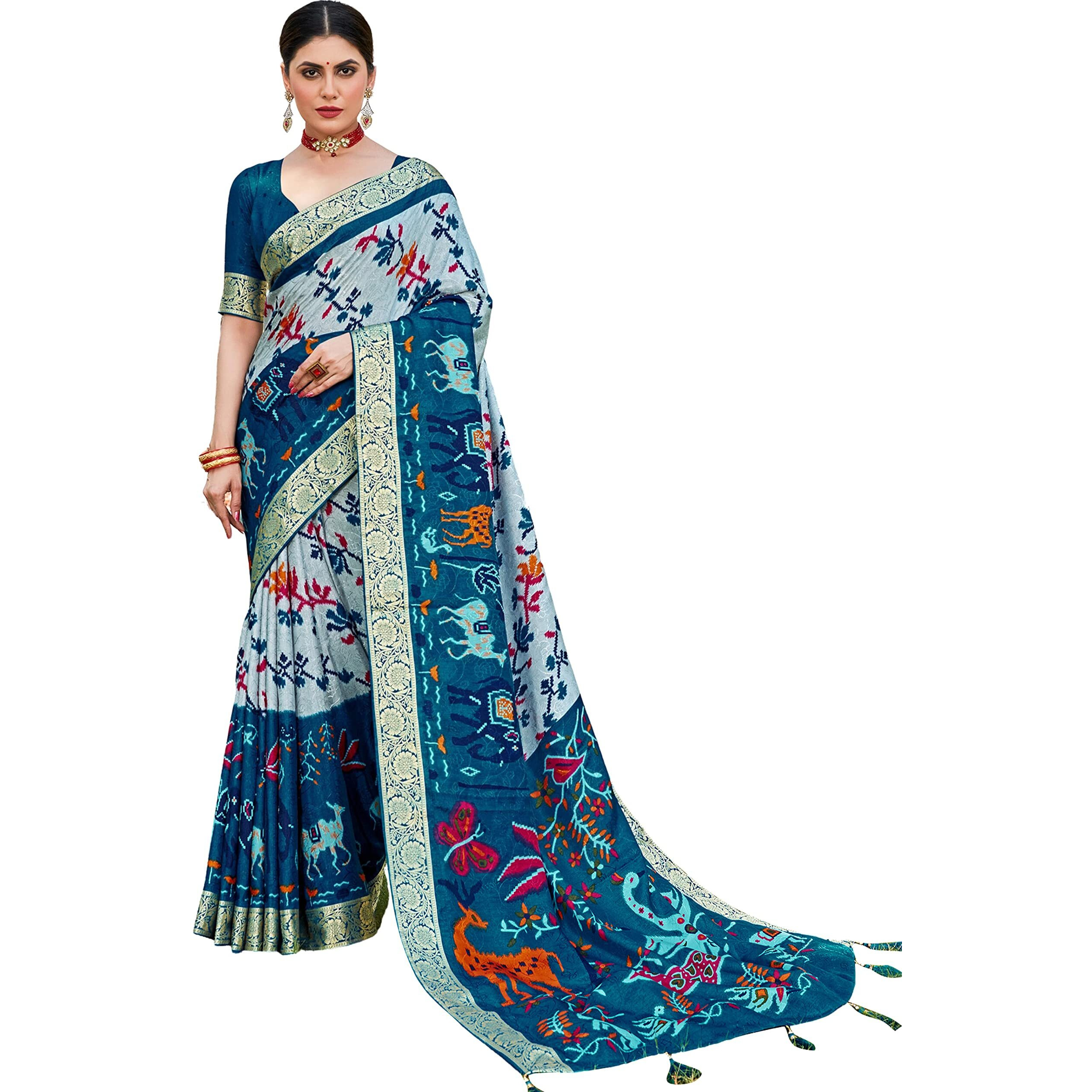 AKHILAM Womens Pochampally Viscose Ikat Woven Design Zari Border Work Saree With Unstitched Blouse Piece (Teal blue_SMART4006_SS)