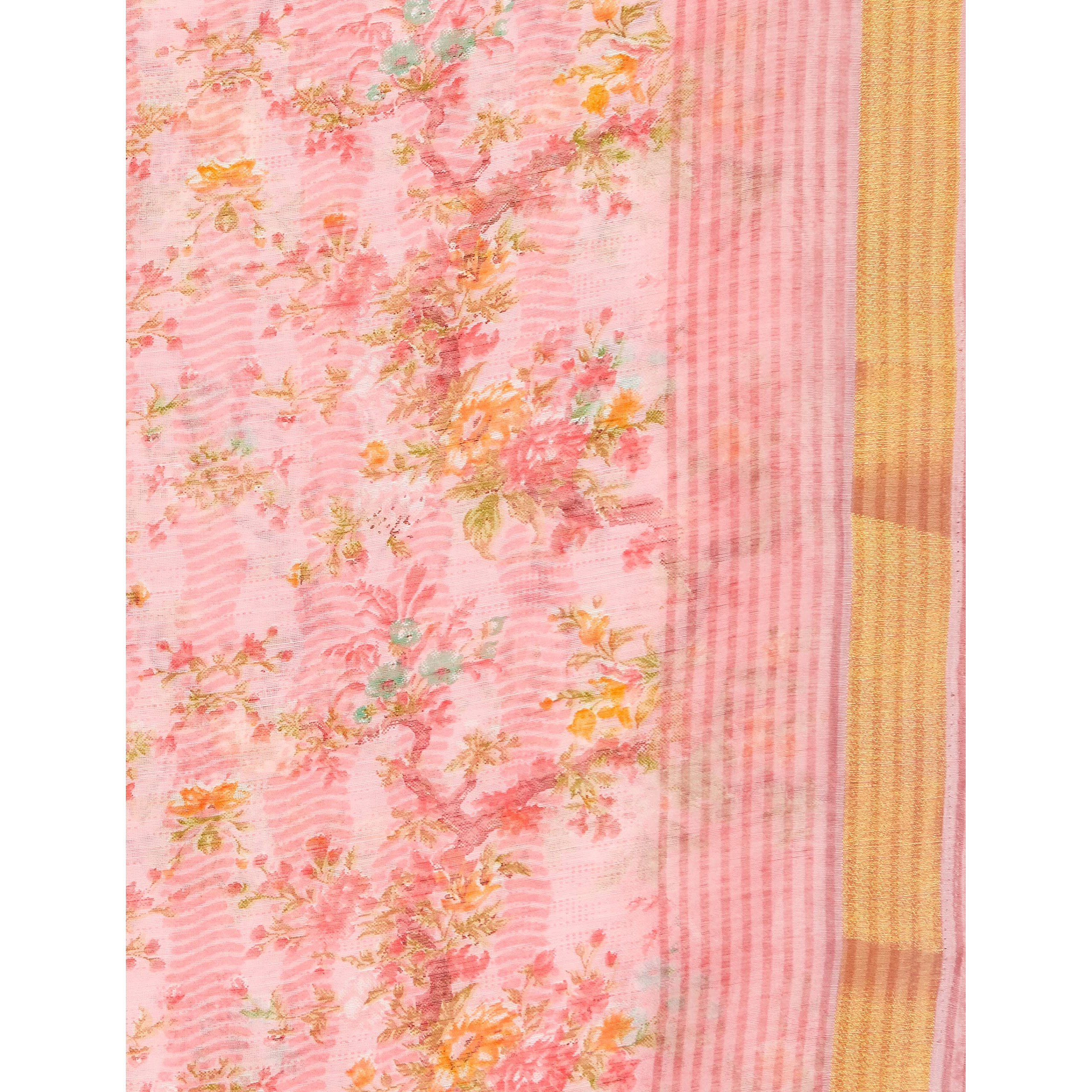 PERFECTBLUE Womens Digital Cotton Linen Blend Saree with Unstitched Blouse Piece (DigiPatta_Variation) (Pink)