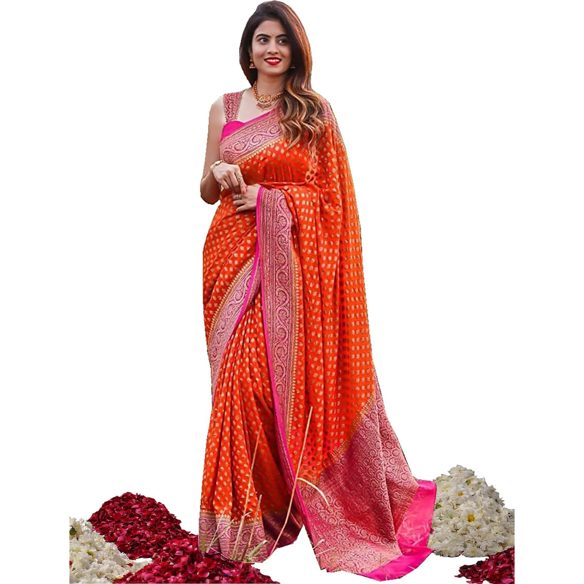 AKHILAM Womens Woven Design Kanjivaram Banarasi Silk Saree With Unstitched Blouse Piece (Orange_SITA1007)