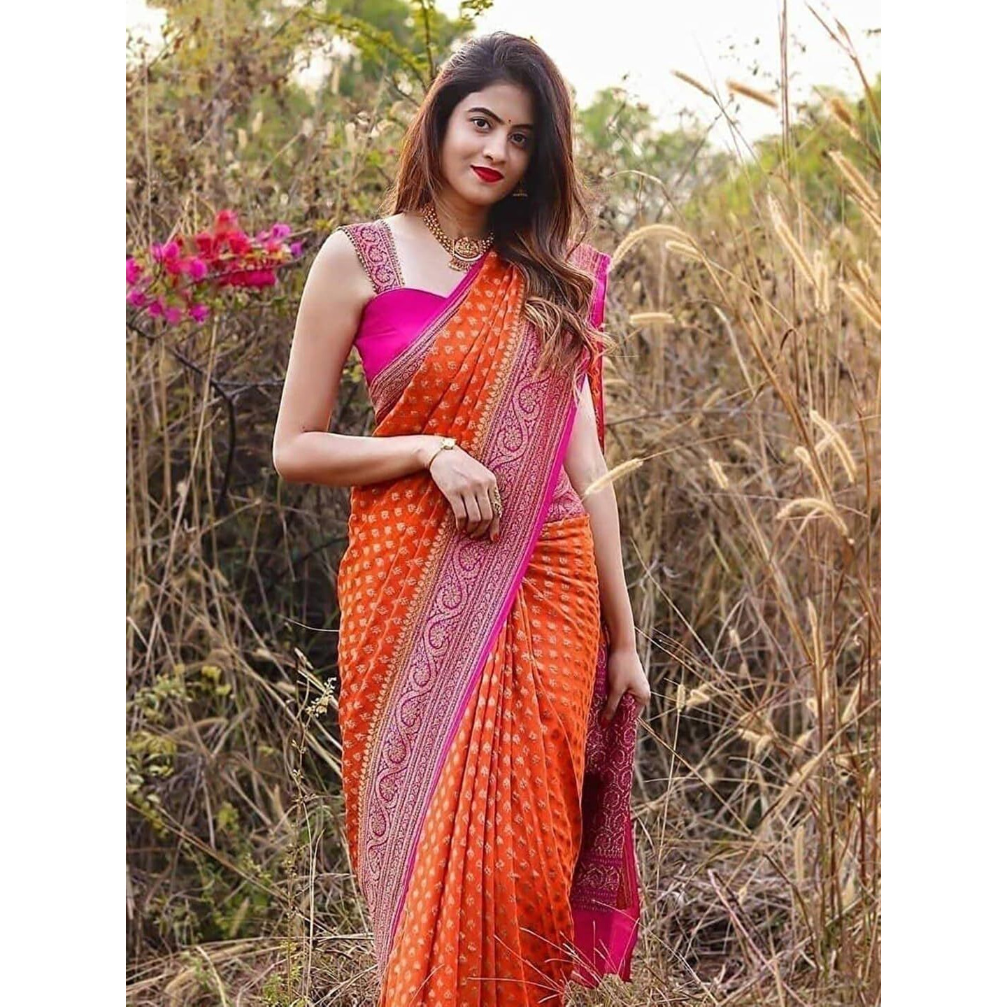 AKHILAM Womens Woven Design Kanjivaram Banarasi Silk Saree With Unstitched Blouse Piece (Orange_SITA1007)