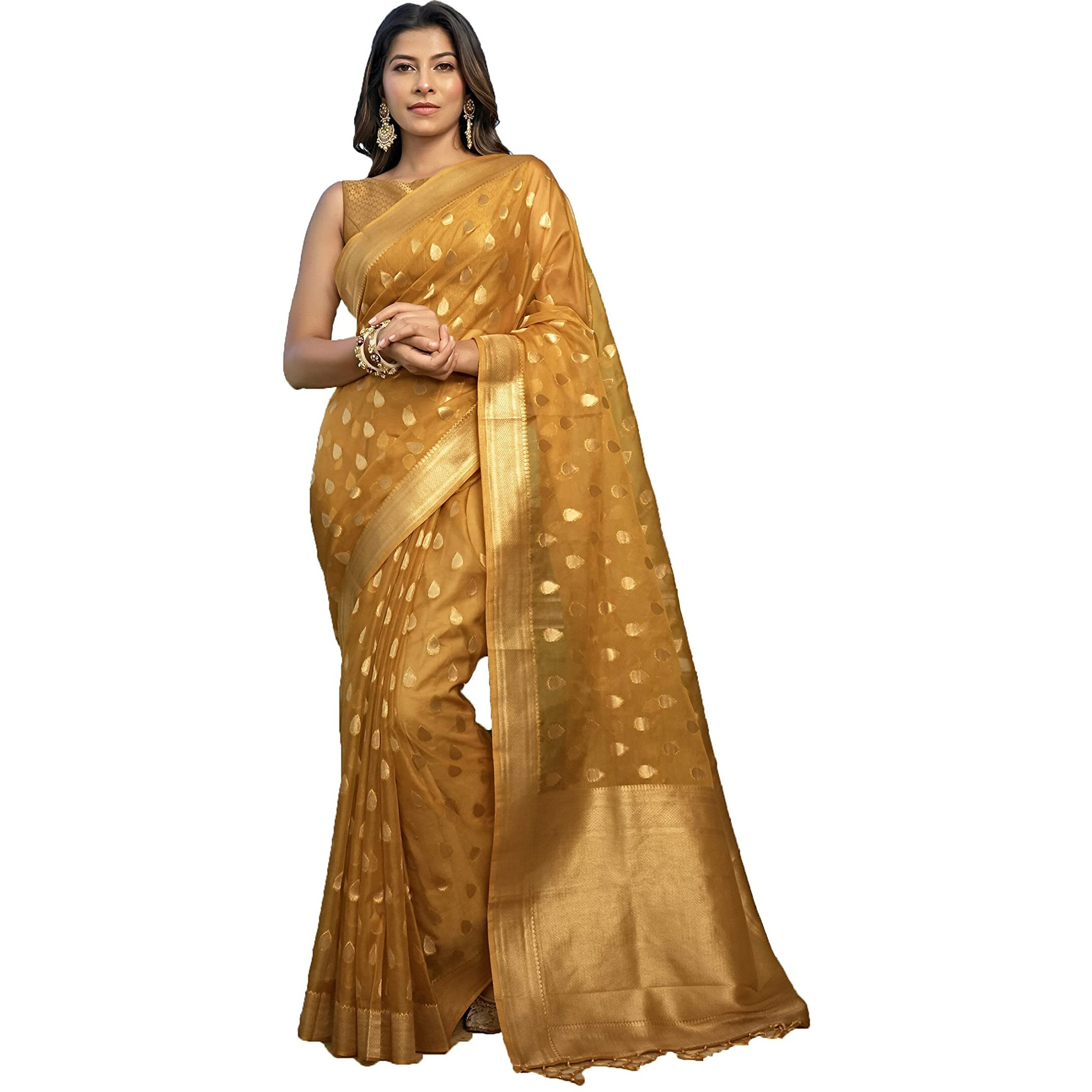 Vardha Womens Organza Art Silk Saree with Unstitched Blouse Piece - Zari Woven Work Sarees for Wedding (Kalini Silk, 433, Mustard)