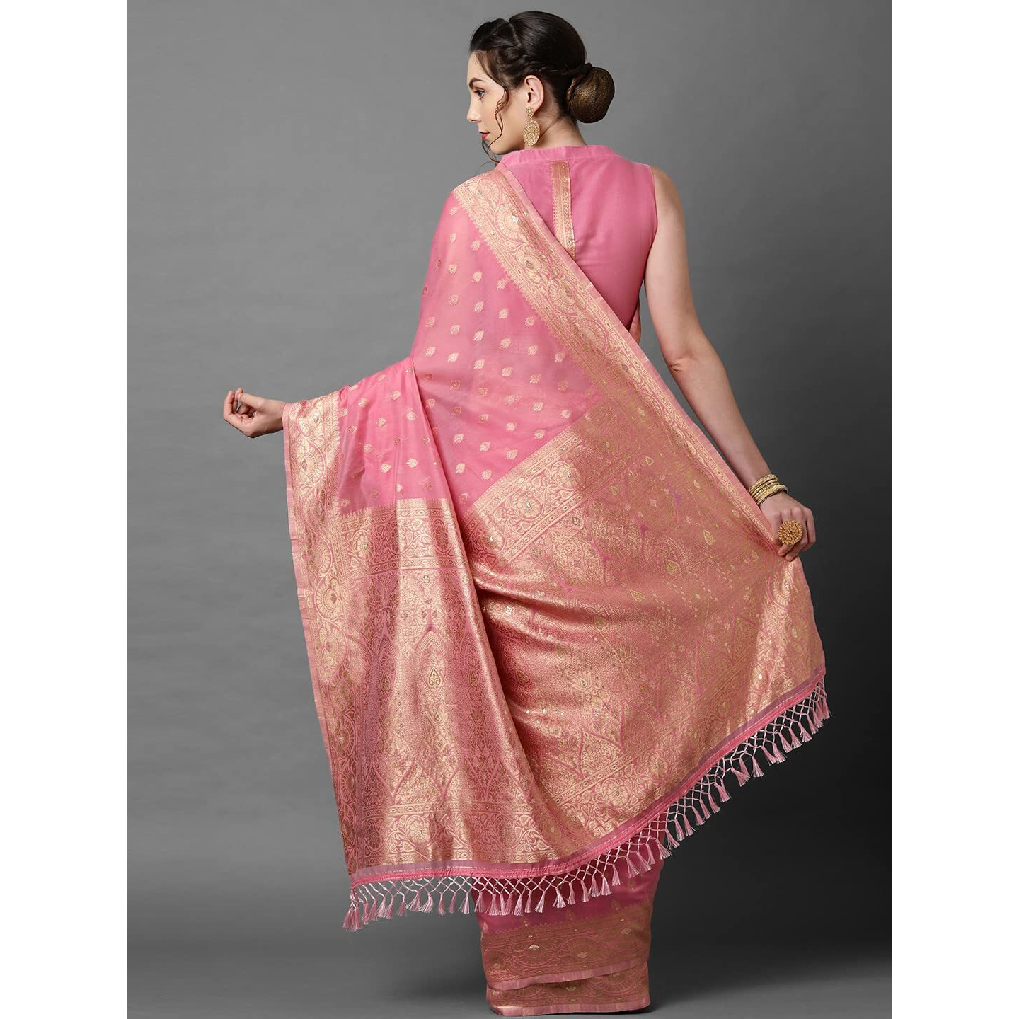 AKHILAM Womens Banarasi Silk Woven Design Saree with Unstitched Blouse Piece(Pink_3VMIKA3001)