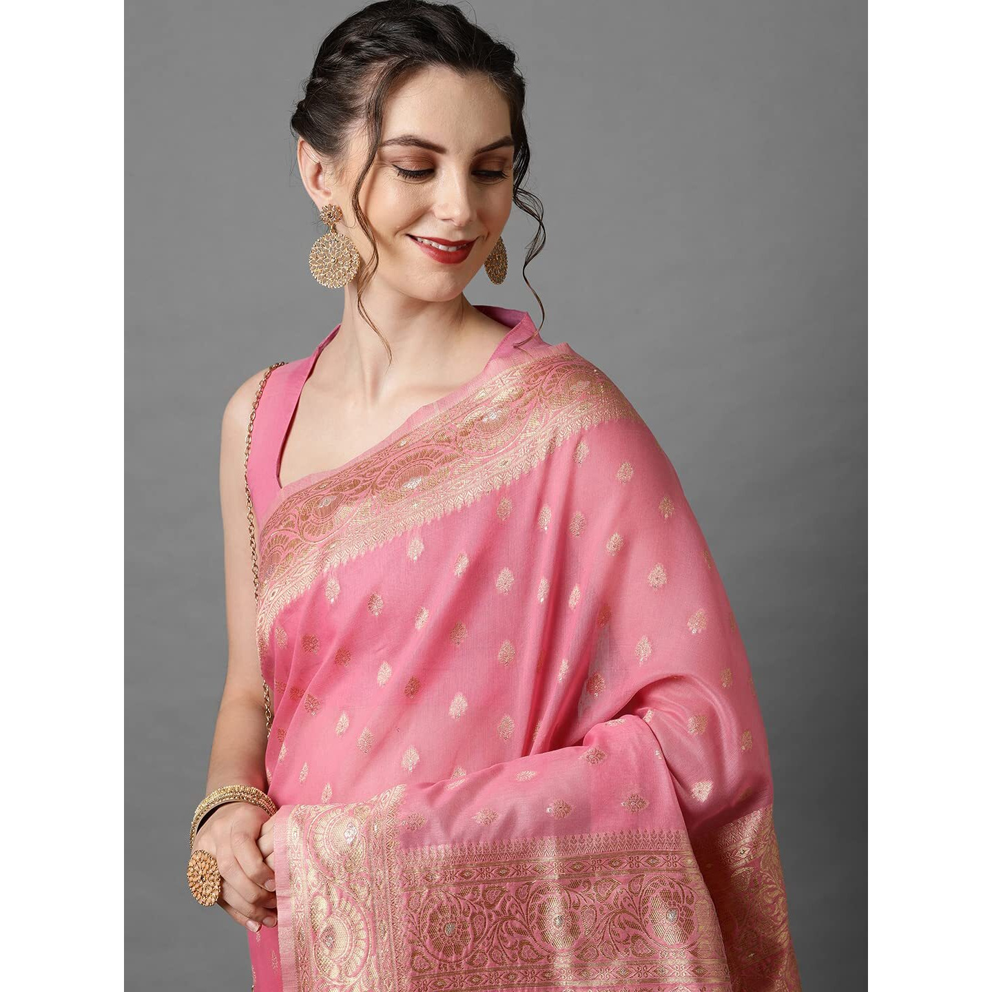 AKHILAM Womens Banarasi Silk Woven Design Saree with Unstitched Blouse Piece(Pink_3VMIKA3001)