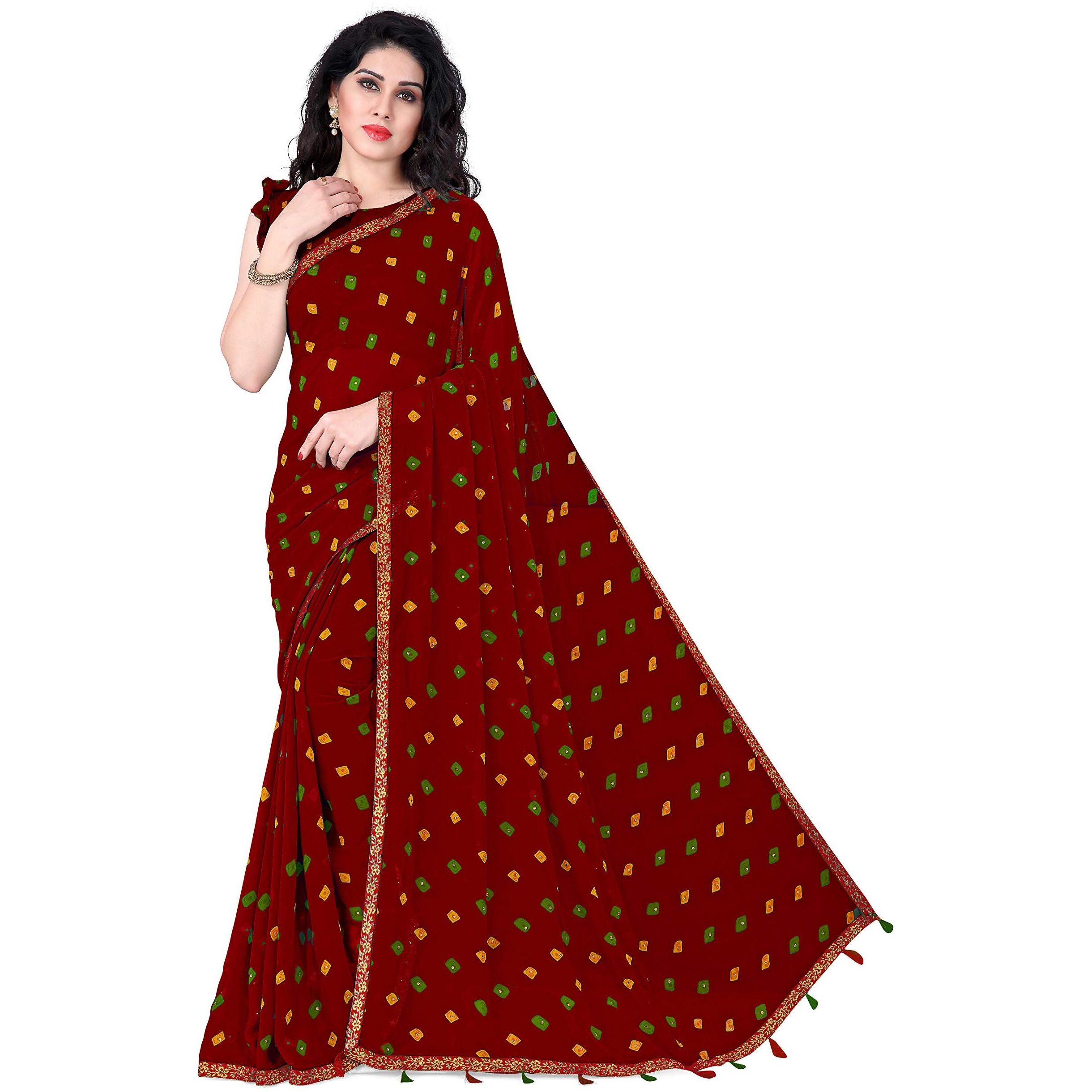 SOURBH Womens Faux Georgette Bandhani Printed Embellished Saree with Blouse Piece (23733-Red)