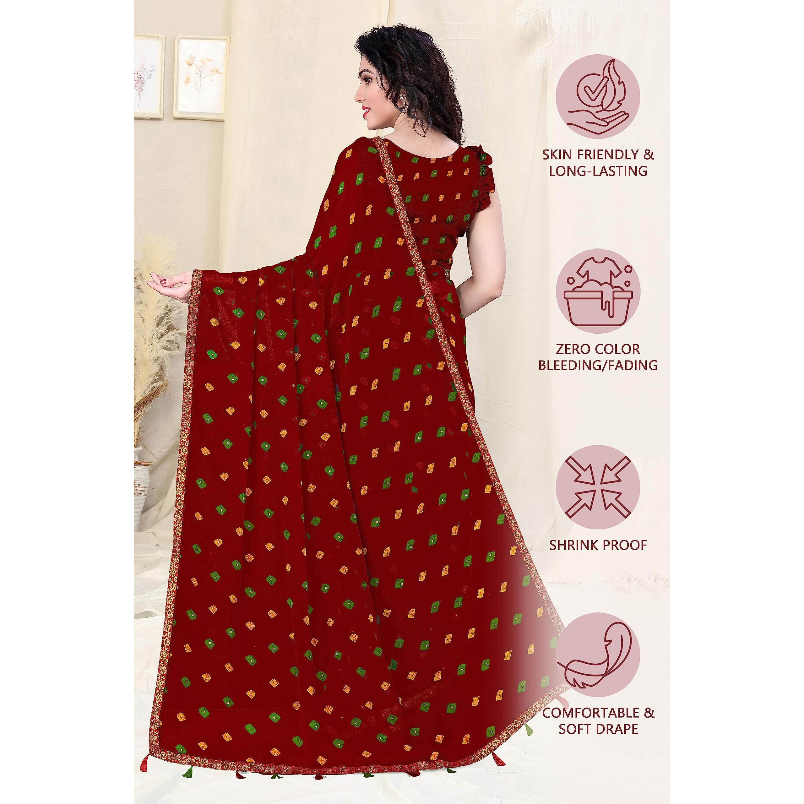 SOURBH Womens Faux Georgette Bandhani Printed Embellished Saree with Blouse Piece (23733-Red)