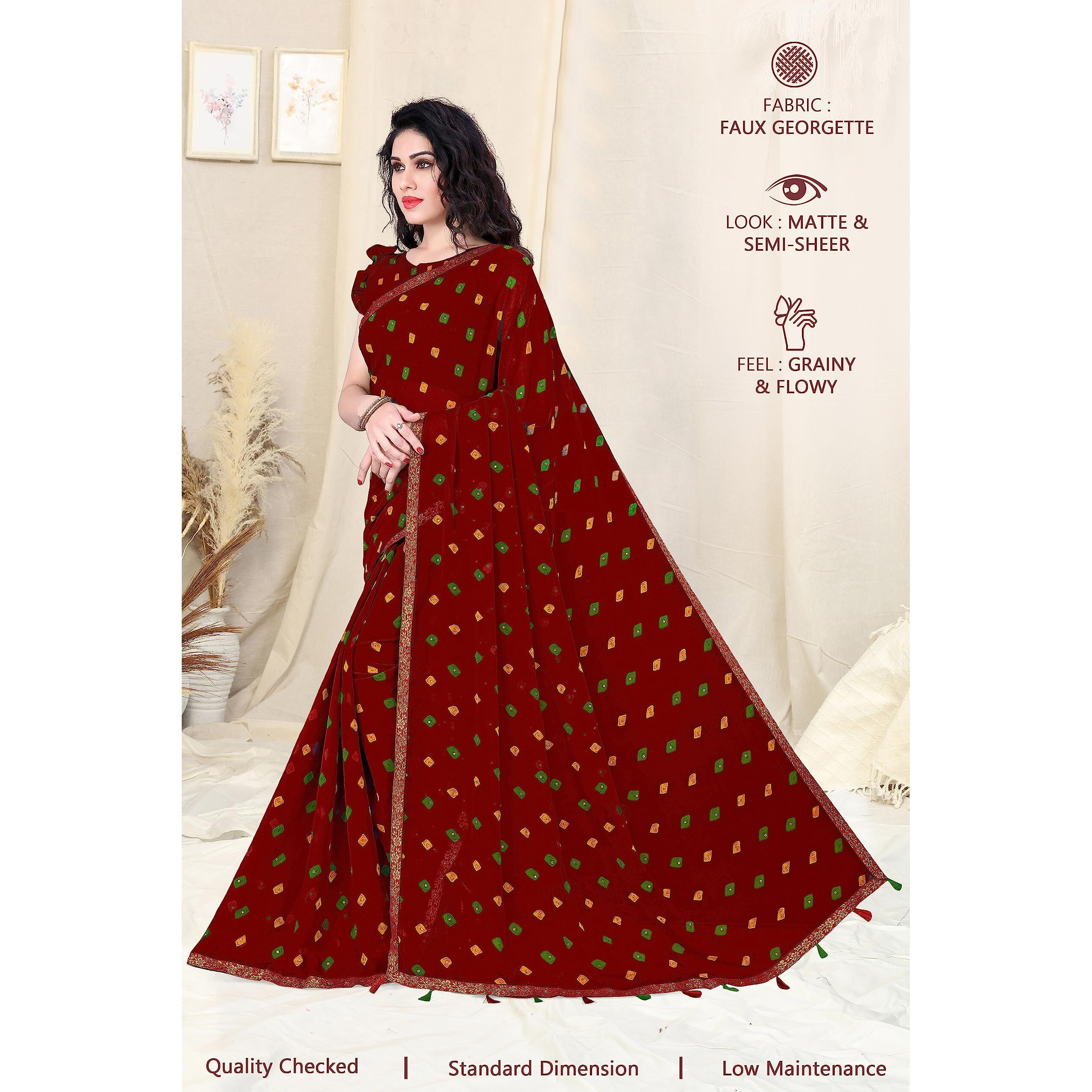 SOURBH Womens Faux Georgette Bandhani Printed Embellished Saree with Blouse Piece (23733-Red)