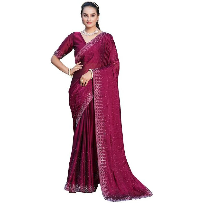 Satrani Women Dyed & Hot Fixing Pure Georgette Saree (3186S131N_Wine)