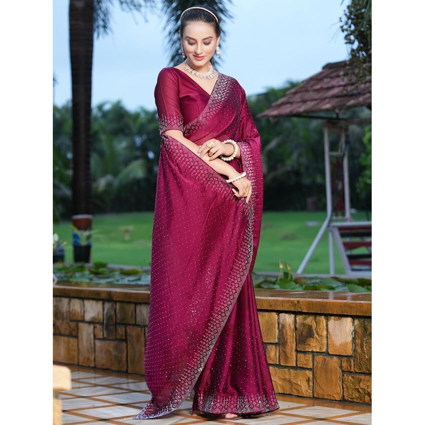 Satrani Women Dyed & Hot Fixing Pure Georgette Saree (3186S131N_Wine)