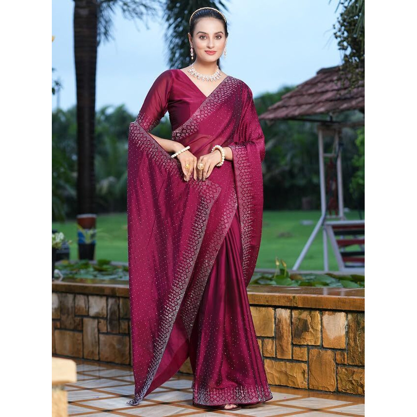 Satrani Women Dyed & Hot Fixing Pure Georgette Saree (3186S131N_Wine)