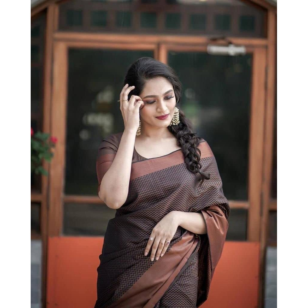 SGF11 Womens Kanjivaram Soft Silk Saree With Blouse Piece (Dark Brown)