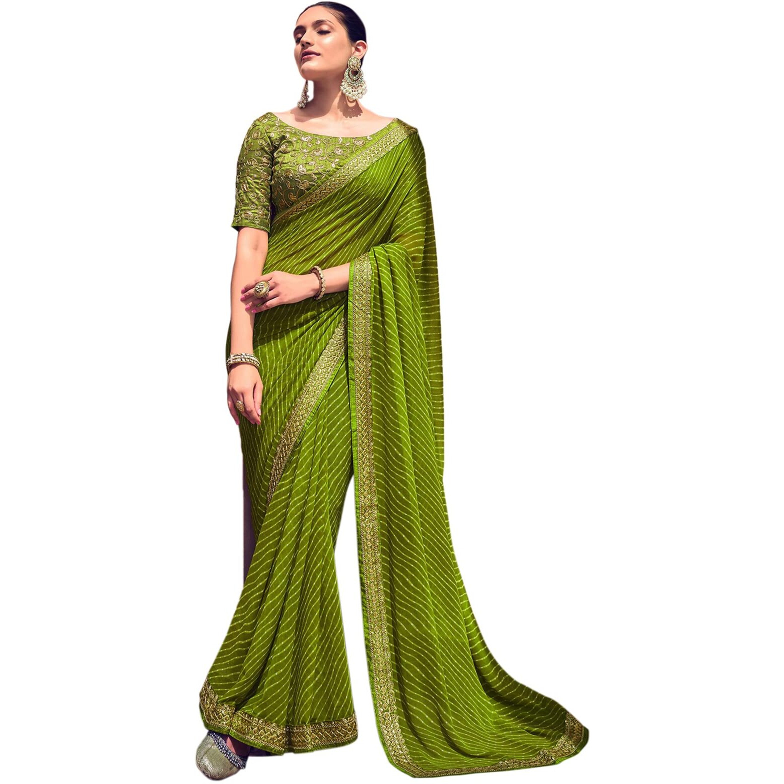 Satrani Womens Knit Pure Georgette Saree (2555S283N_Olive Green)