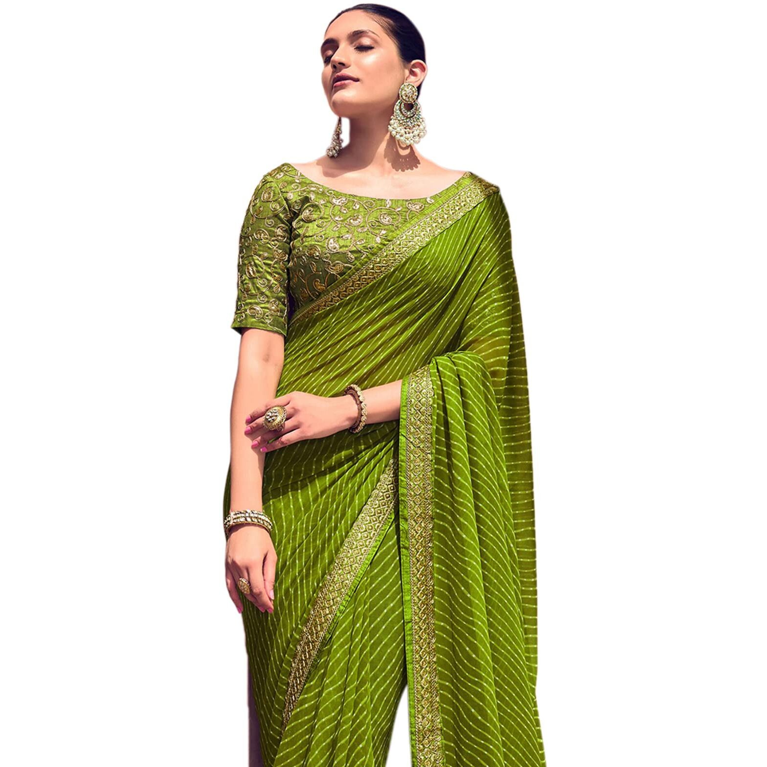 Satrani Womens Knit Pure Georgette Saree (2555S283N_Olive Green)